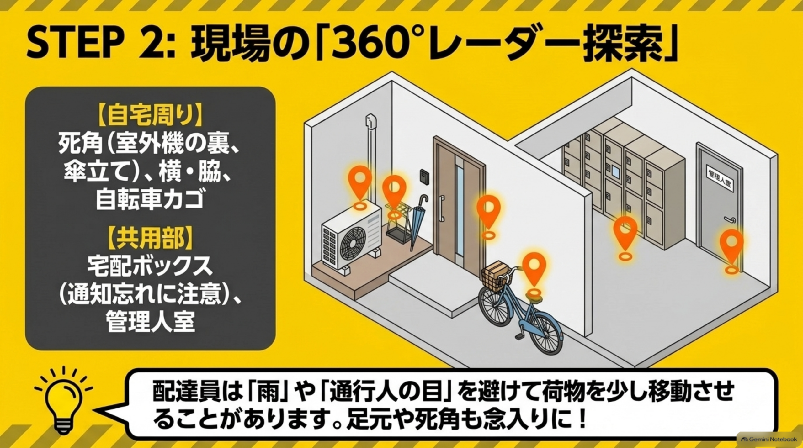現場の360度探索。室外機の裏や傘立てなどの死角、ドアの横、自転車かご、宅配ボックス、管理人室まで確認する