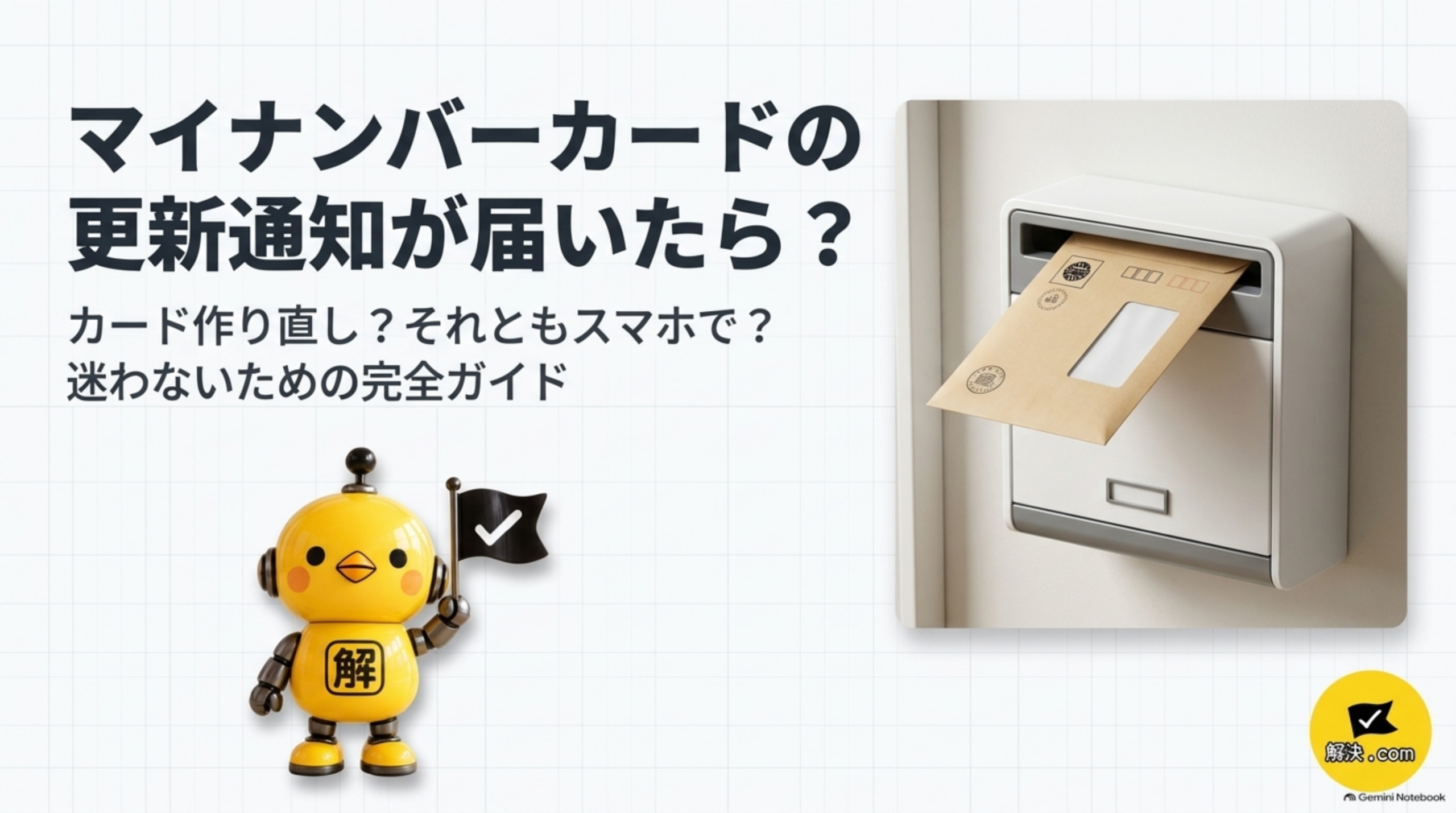 マイナンバーカードの更新通知が届いたら？カード作り直し？それともスマホで？迷わないための完全ガイドと題した表紙。郵便受けに通知書が届いたイラスト