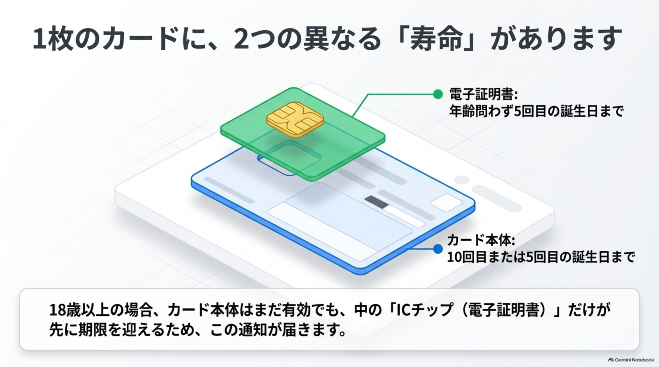 1枚のカードに、2つの異なる「寿命」があることを示す図。ICチップ内の電子証明書は年齢問わず5回目の誕生日まで、カード本体は10回目または5回目の誕生日まで。18歳以上の場合、カード本体はまだ有効でも中のICチップ（電子証明書）だけが先に期限を迎えるため、この通知が届きます
