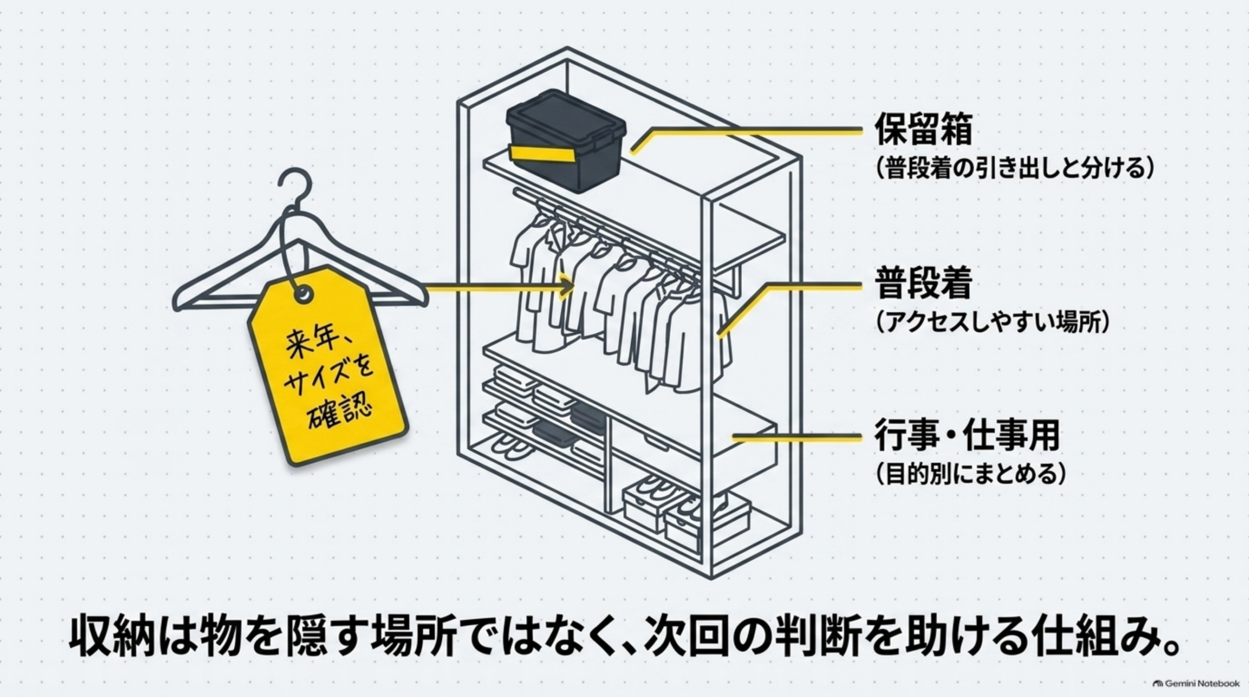 収納は次の判断を助ける配置：保留箱・普段着・行事仕事用を分ける