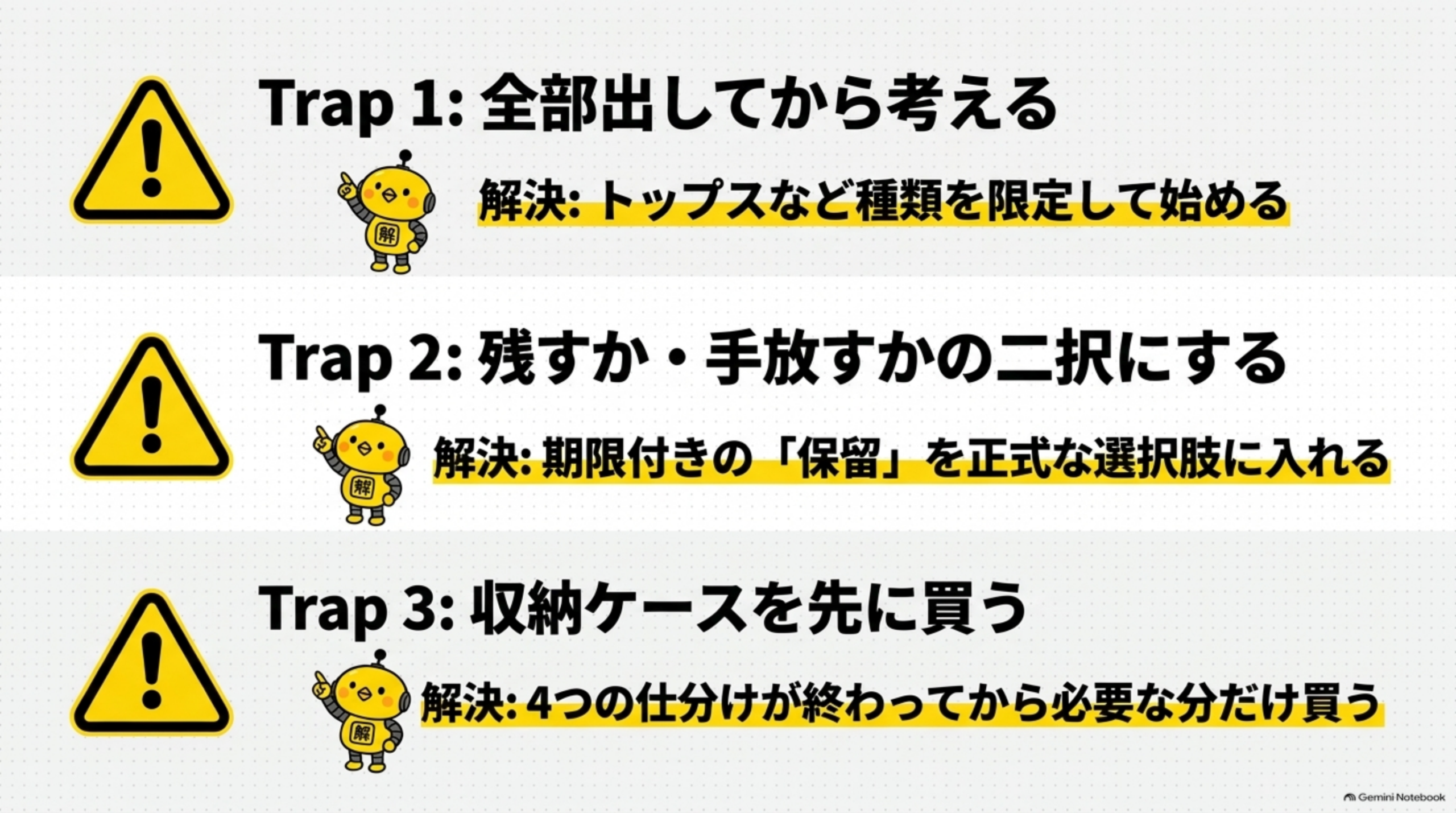 Trap1全部出してから考える、Trap2手放すか残すかの二択にする、Trap3収納を買ってから服を整理する