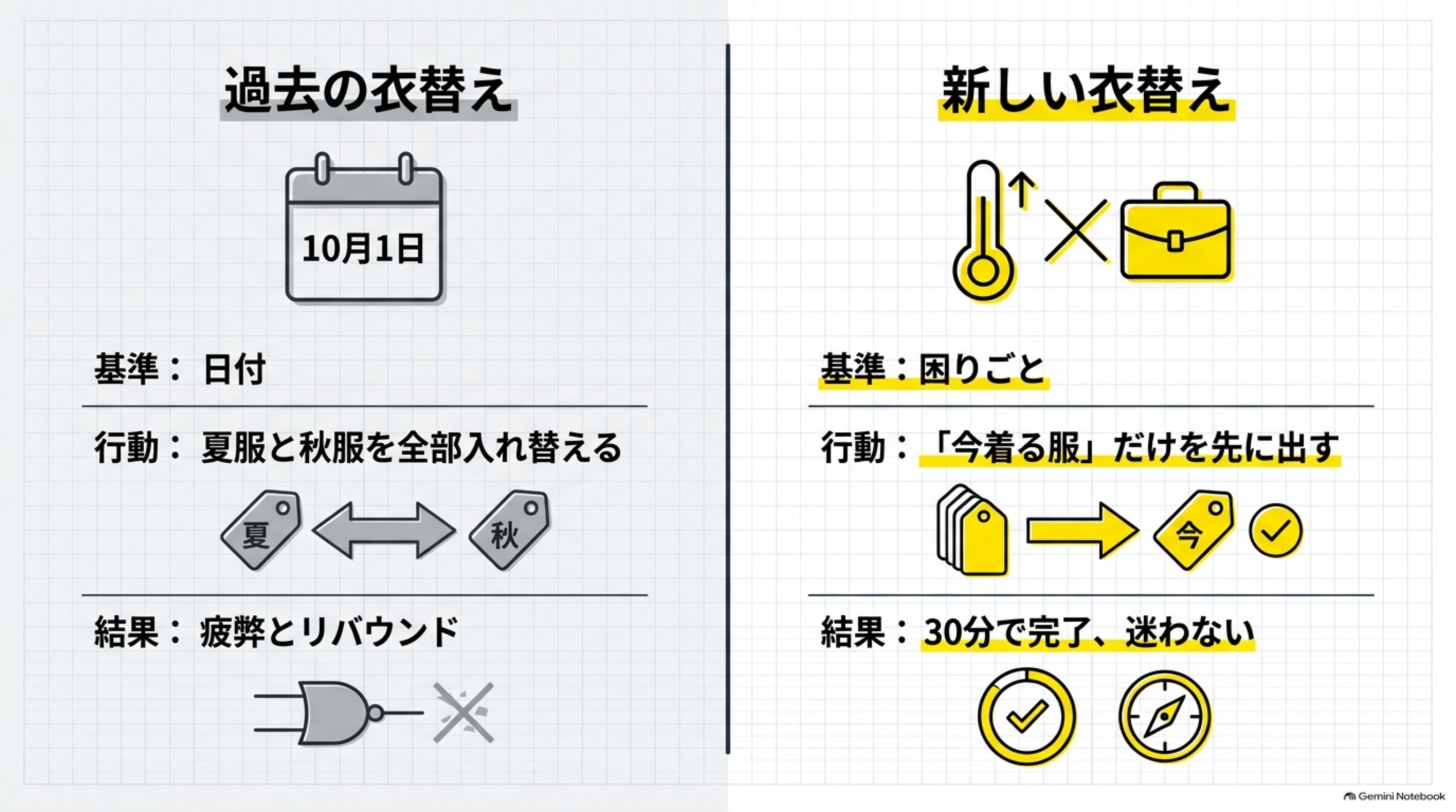 過去の衣替えは日付基準、新しい衣替えは困りごと基準