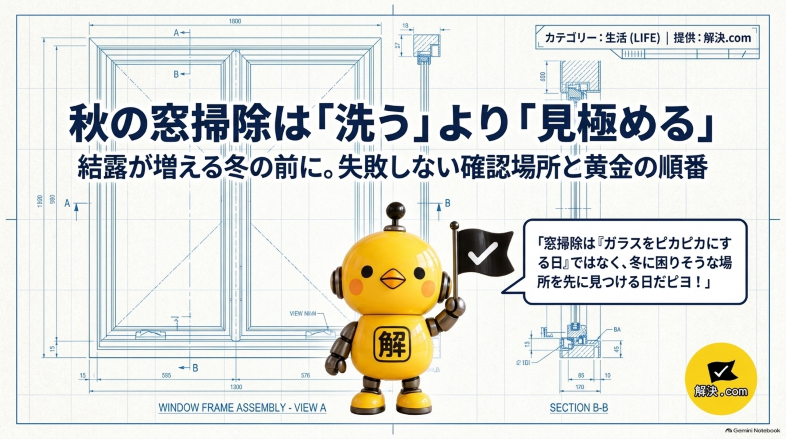 秋の窓掃除は「洗う」より「見極める」。結露が増える冬の前に、失敗しない確認場所と黄金の順番。窓掃除はガラスをピカピカにする日ではなく、冬に困りそうな場所を先に見つける日