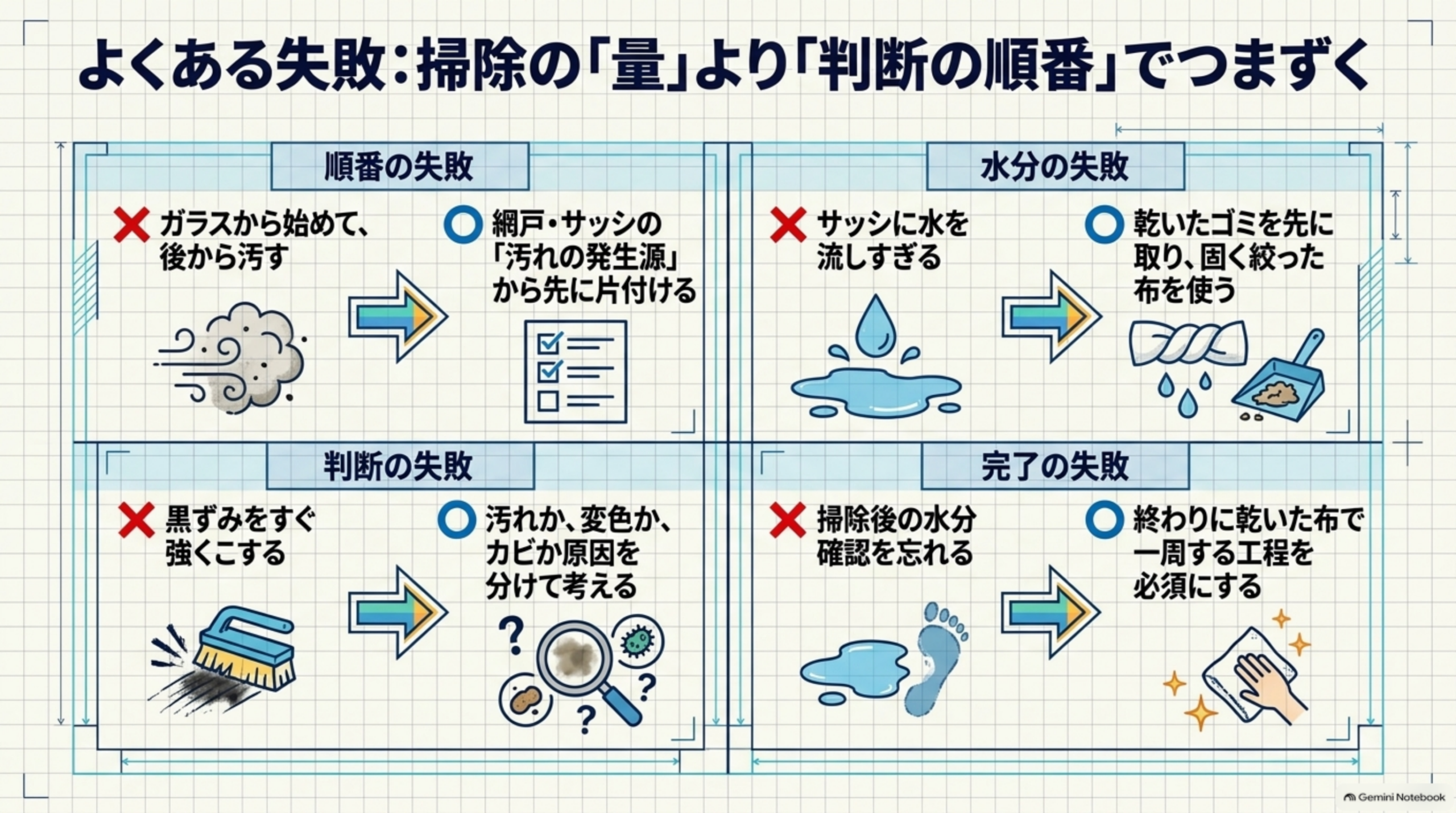 よくある失敗、掃除の量より判断の順番でつまずく。順番の失敗はガラスから始めて後から汚すこと、改善は網戸・サッシの汚れの発生源から先に片付ける。水分の失敗はサッシに水を流しすぎること、改善は乾いたゴミを取り固く絞った布を使う。判断の失敗は黒ずみをすぐ強くこすること、改善は汚れ・変色・カビか原因を分けて考える。完了の失敗は掃除後の水分確認を忘れること、改善は終わりに乾いた布で一周する工程を必ず入れる