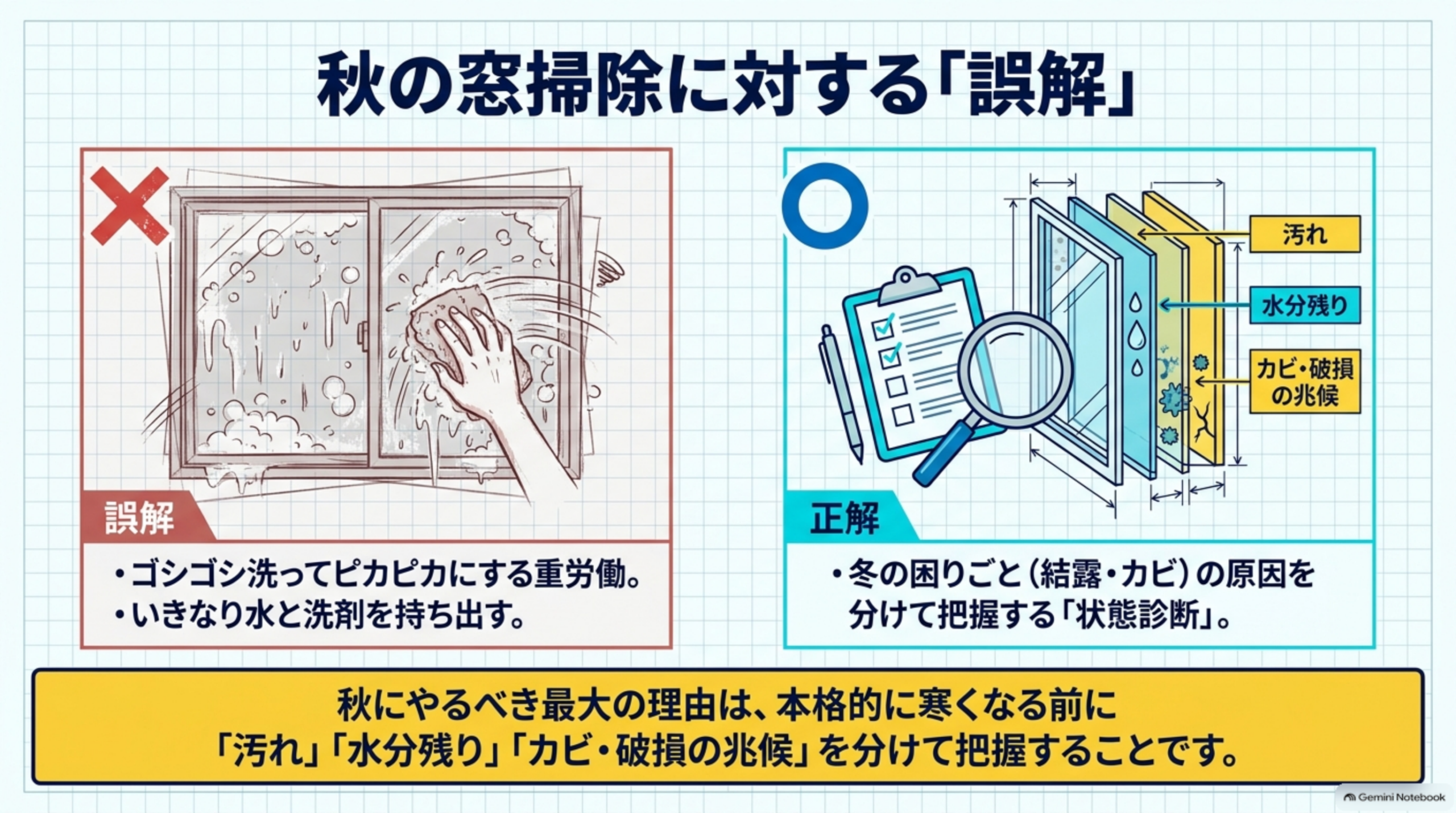 秋の窓掃除に対する「誤解」。誤解はゴシゴシ洗ってピカピカにする重労働、いきなり水と洗剤を持ち出すこと。正解は冬の困りごと（結露・カビ）の原因を、汚れ・水分残り・カビや破損の兆候に分けて把握する状態診断
