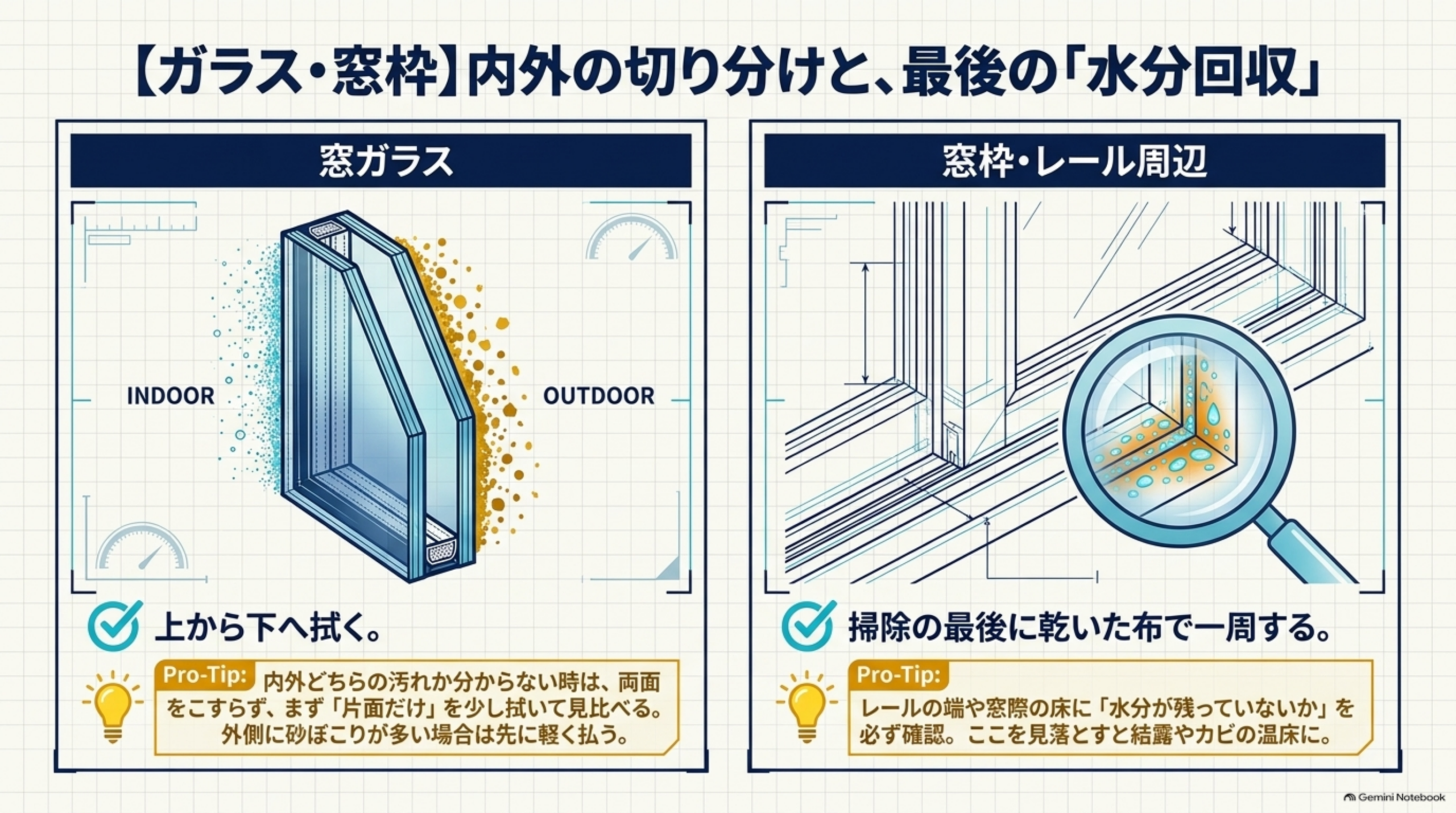ガラス・窓枠は内外の切り分けと最後の水分回収。窓ガラスは上から下へ拭き、内側と外側のどちらの汚れか分からないときは片側だけ拭いて見比べる。窓枠・レール周辺は掃除の最後に乾いた布で一周し、レールの端や窓枠の下に水が残っていないかを確認する