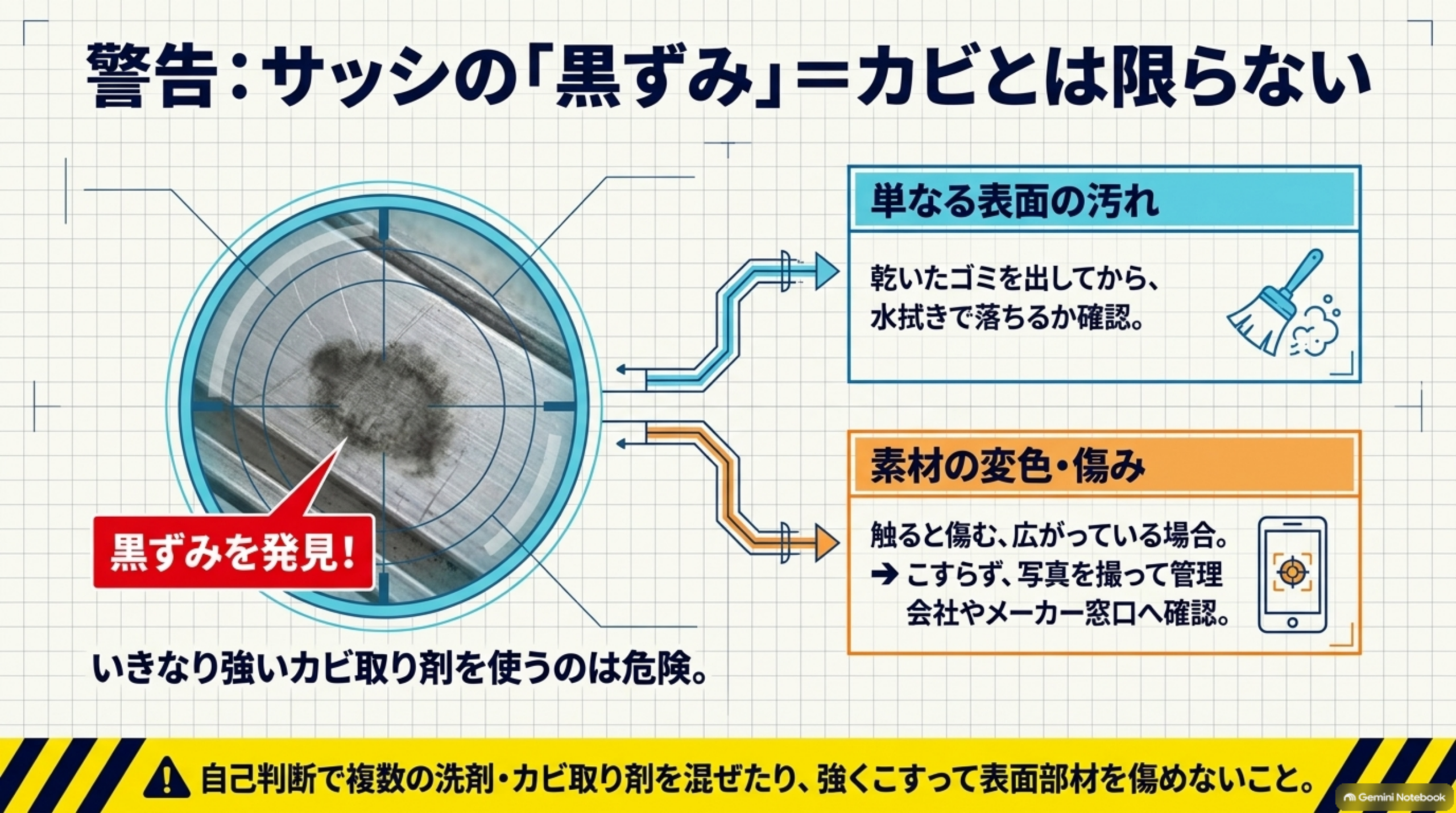 警告：サッシの黒ずみ＝カビとは限らない。単なる表面の汚れなら乾いたゴミを出してから水拭きで落ちるか確認する。素材の変色・傷みの場合は、触ると傷む・広がっているならこすらず写真を撮って管理会社やメーカー窓口へ確認する。自己判断で複数の洗剤・カビ取り剤を混ぜたり、強くこすって表面部材を傷めないこと
