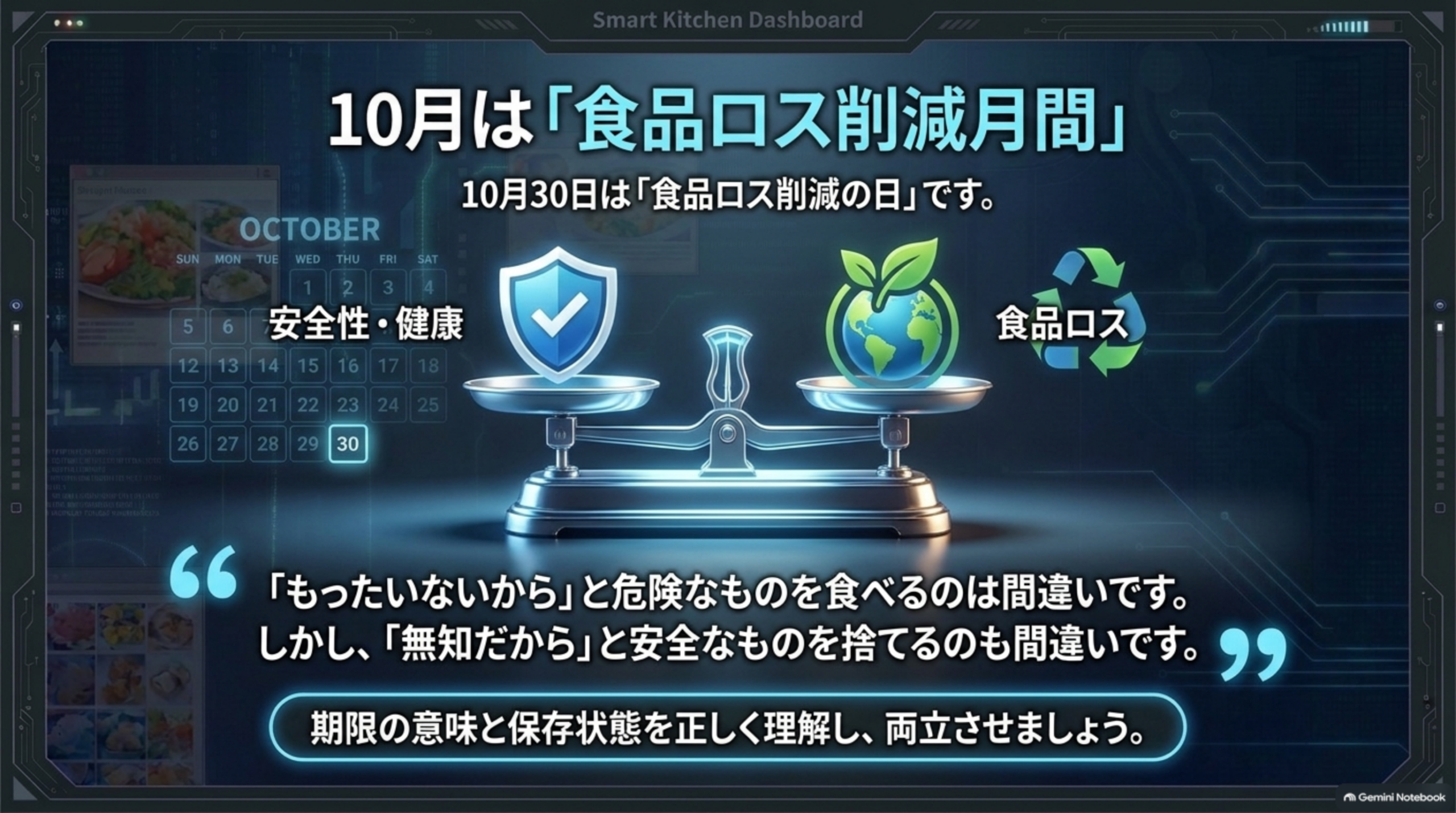 10月は「食品ロス削減月間」、10月30日は「食品ロス削減の日」。安全性・健康と食品ロスを天秤にかけた図。「もったいないから」と危険なものを食べるのは間違いですが、「無知だから」と安全なものを捨てるのも間違いです。期限の意味と保存状態を正しく理解し、両立させましょう