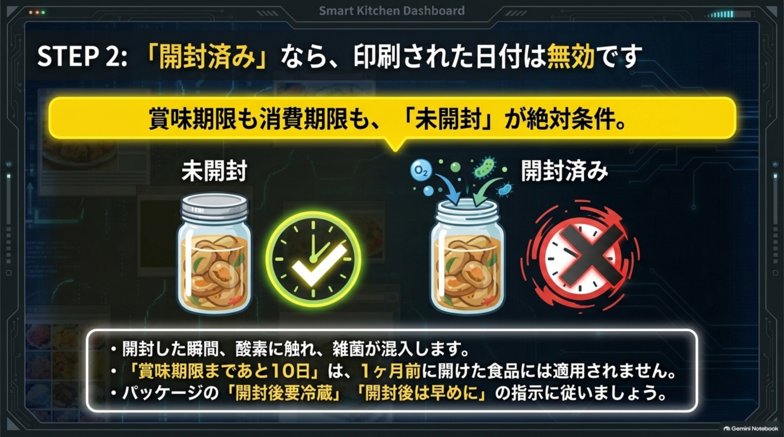 STEP2、「開封済み」なら印刷された日付は無効です。賞味期限も消費期限も「未開封」が絶対条件。未開封の瓶は日付が有効だが、開封済みの瓶は日付のタイマーが無効になる。開封した瞬間に酸素へ触れ雑菌が混入する、「賞味期限まであと10日」は1ヶ月前に開けた食品には適用されない、パッケージの「開封後要冷蔵」「開封後は早めに」の指示に従う