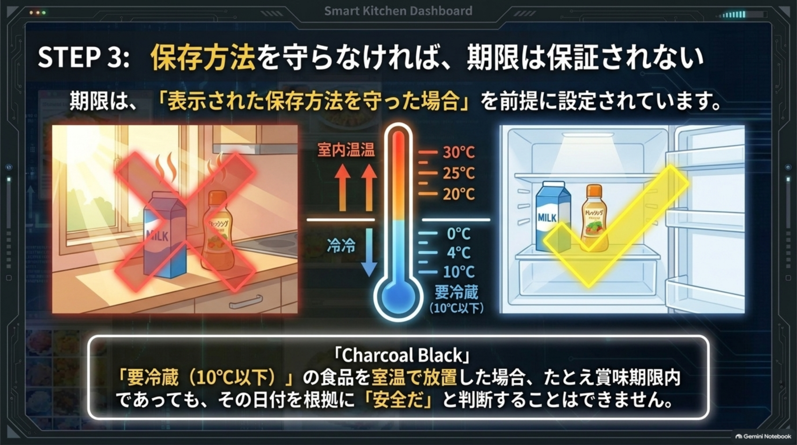 STEP3、保存方法を守らなければ期限は保証されない。期限は「表示された保存方法を守った場合」を前提に設定されている。室内温度に放置した牛乳はNG、冷蔵庫の10℃以下で保存すればOKという対比図。「要冷蔵（10℃以下）」の食品を室温で放置した場合、たとえ賞味期限内であってもその日付を根拠に「安全だ」と判断することはできません