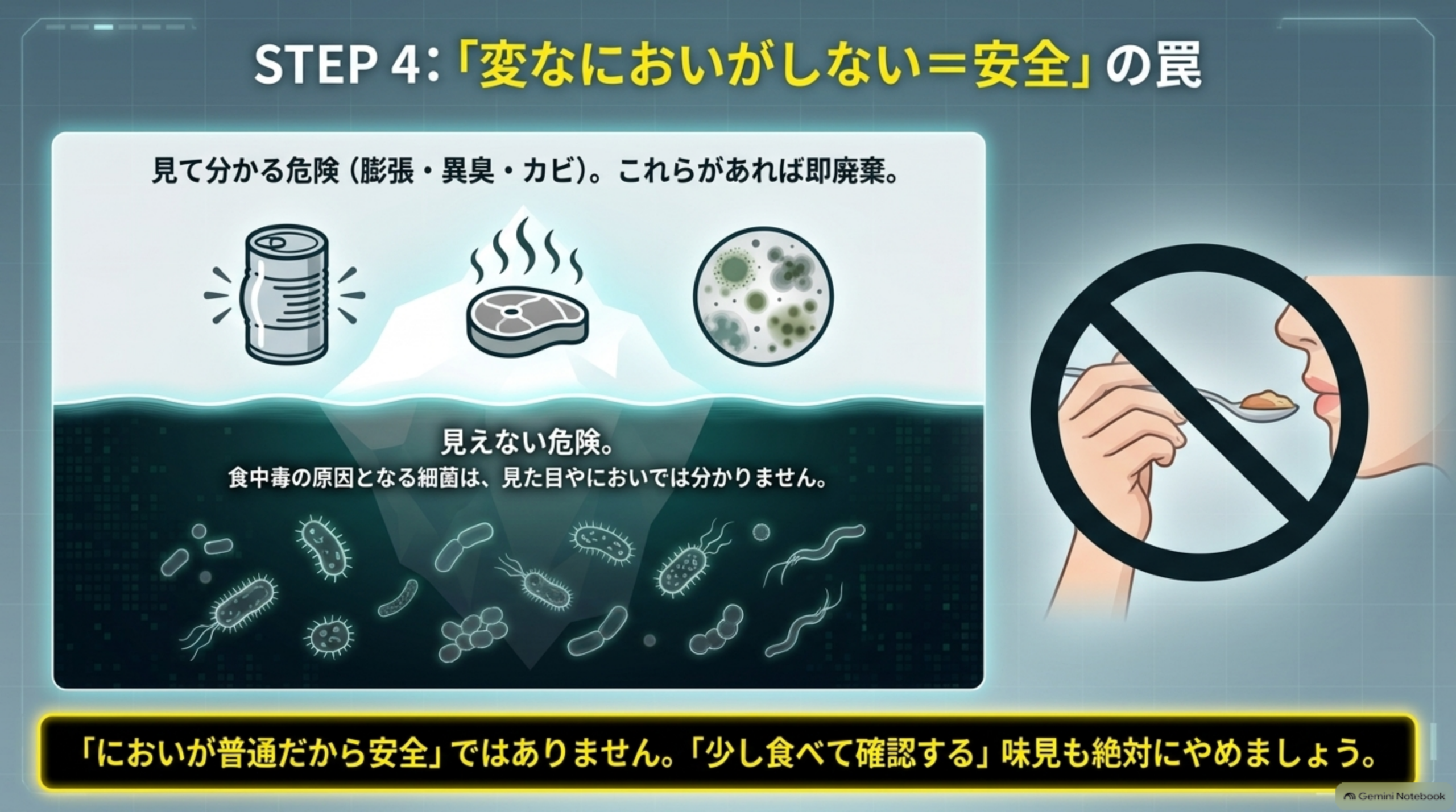 STEP4、「変なにおいがしない＝安全」の罠。氷山の図で、見て分かる危険（膨張・異臭・カビ）は水面上のごく一部で、これらがあれば即廃棄。水面下には見えない危険があり、食中毒の原因となる細菌は見た目やにおいでは分からない。「においが普通だから安全」ではなく、「少し食べて確認する」味見も絶対にやめること
