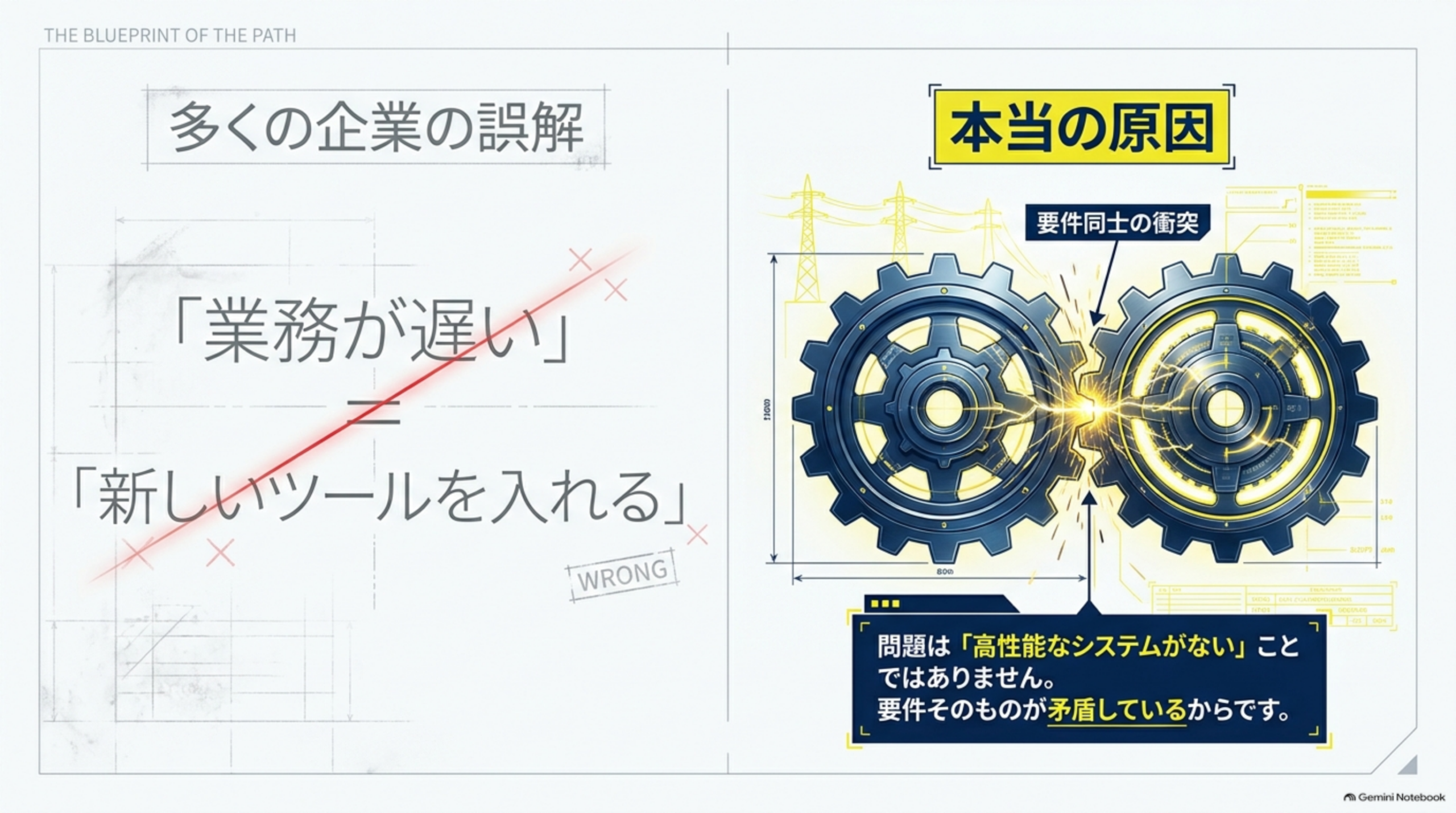 多くの企業の誤解「業務が遅い＝新しいツールを入れる」と本当の原因「要件同士の衝突」の対比図