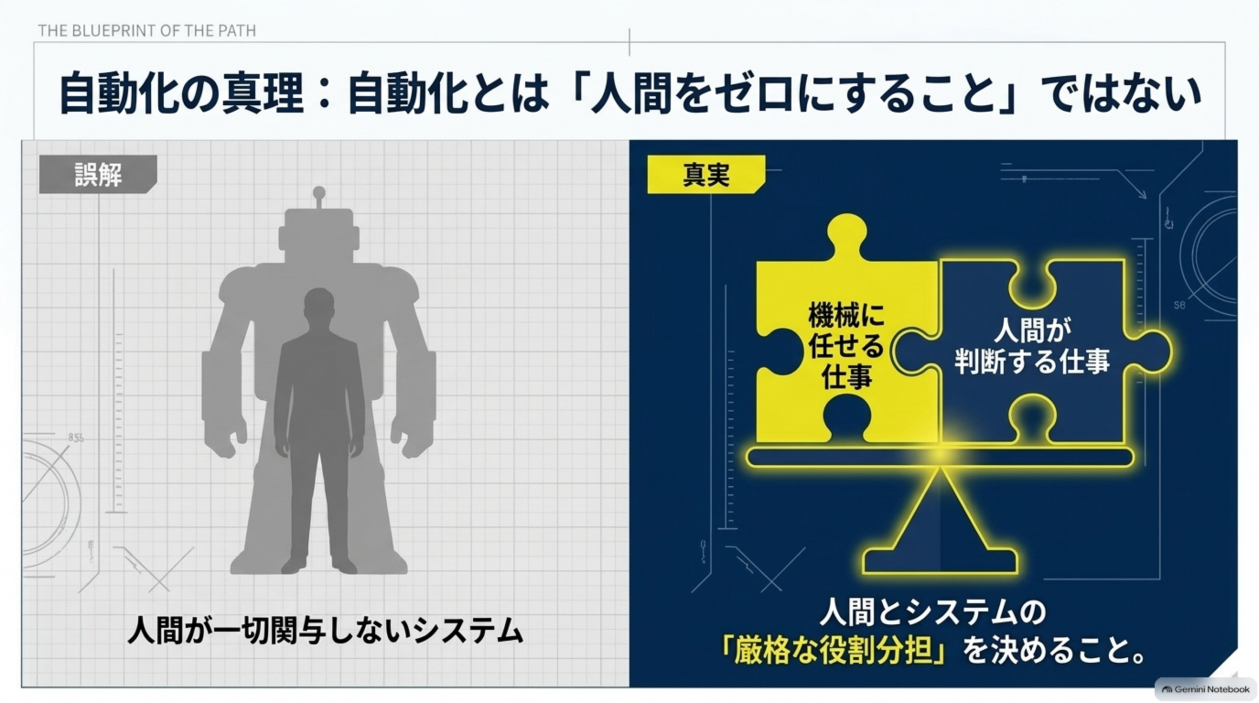 自動化の真理、自動化とは人間をゼロにすることではなく機械に任せる仕事と人間が判断する仕事の役割分担を決めることを示す図