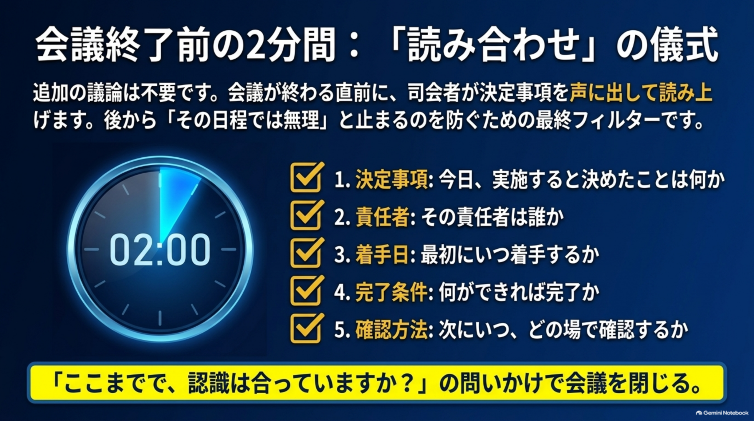 会議終了前の2分間で行う読み合わせの儀式、決定事項・責任者・着手日・完了条件・確認方法を確認する5つのチェック項目