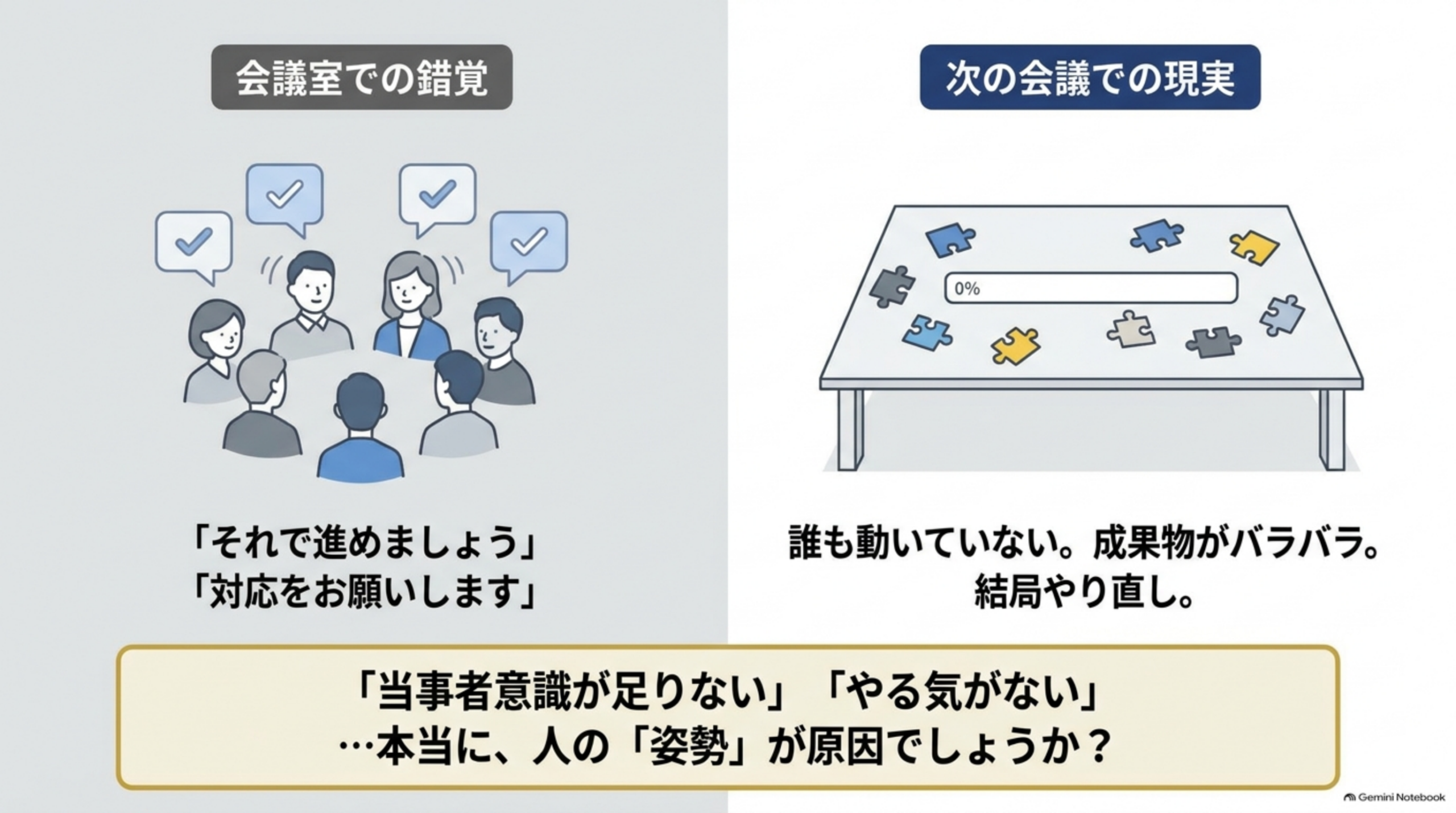 会議室での錯覚（それで進めましょう、対応をお願いします）と次の会議での現実（誰も動いていない、成果物がバラバラで結局やり直し）の対比図