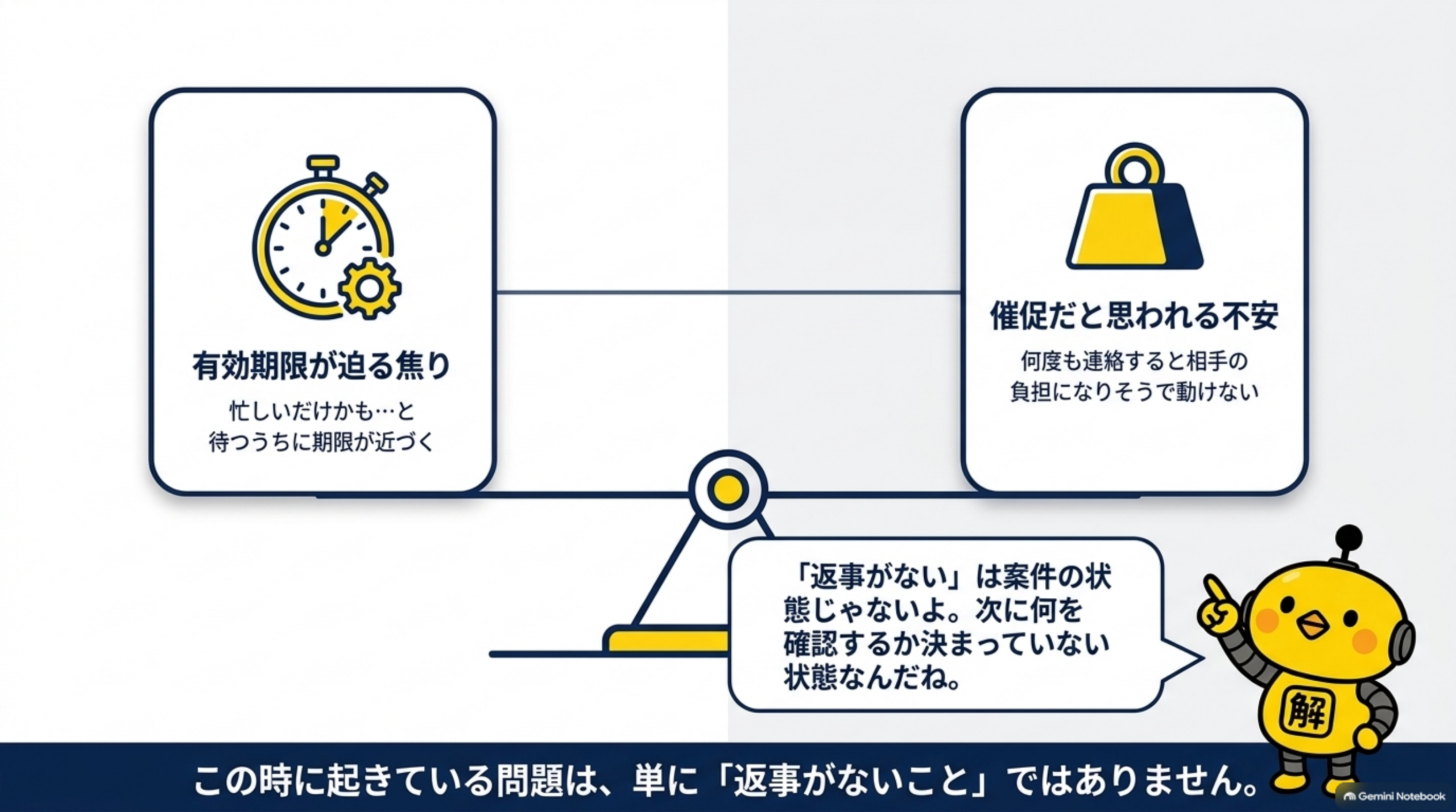 有効期限が迫る焦りと、催促だと思われる不安。返事がないは案件の状態ではなく、次に何を確認するか決まっていない状態