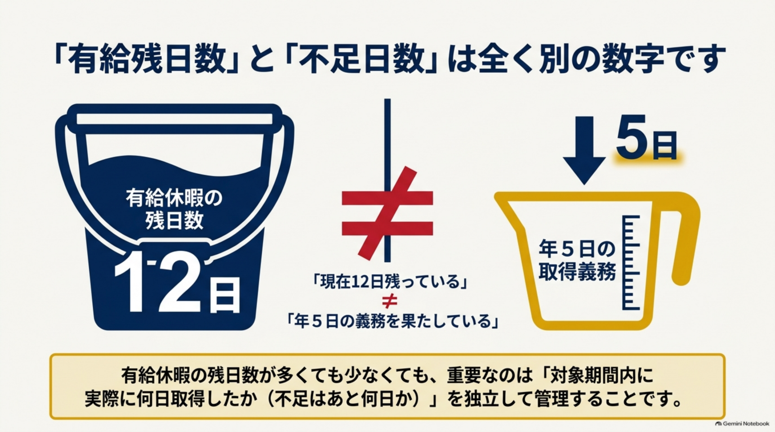「有給残日数」と「不足日数」は全く別の数字ですという図。有給休暇の残日数12日が入ったバケツと、年5日の取得義務を示す計量カップがイコールで結ばれないことを示す。「現在12日残っている」ことは「年5日の義務を果たしている」ことではない。有給休暇の残日数が多くても少なくても、重要なのは対象期間内に実際に何日取得したか（不足はあと何日か）を独立して管理すること