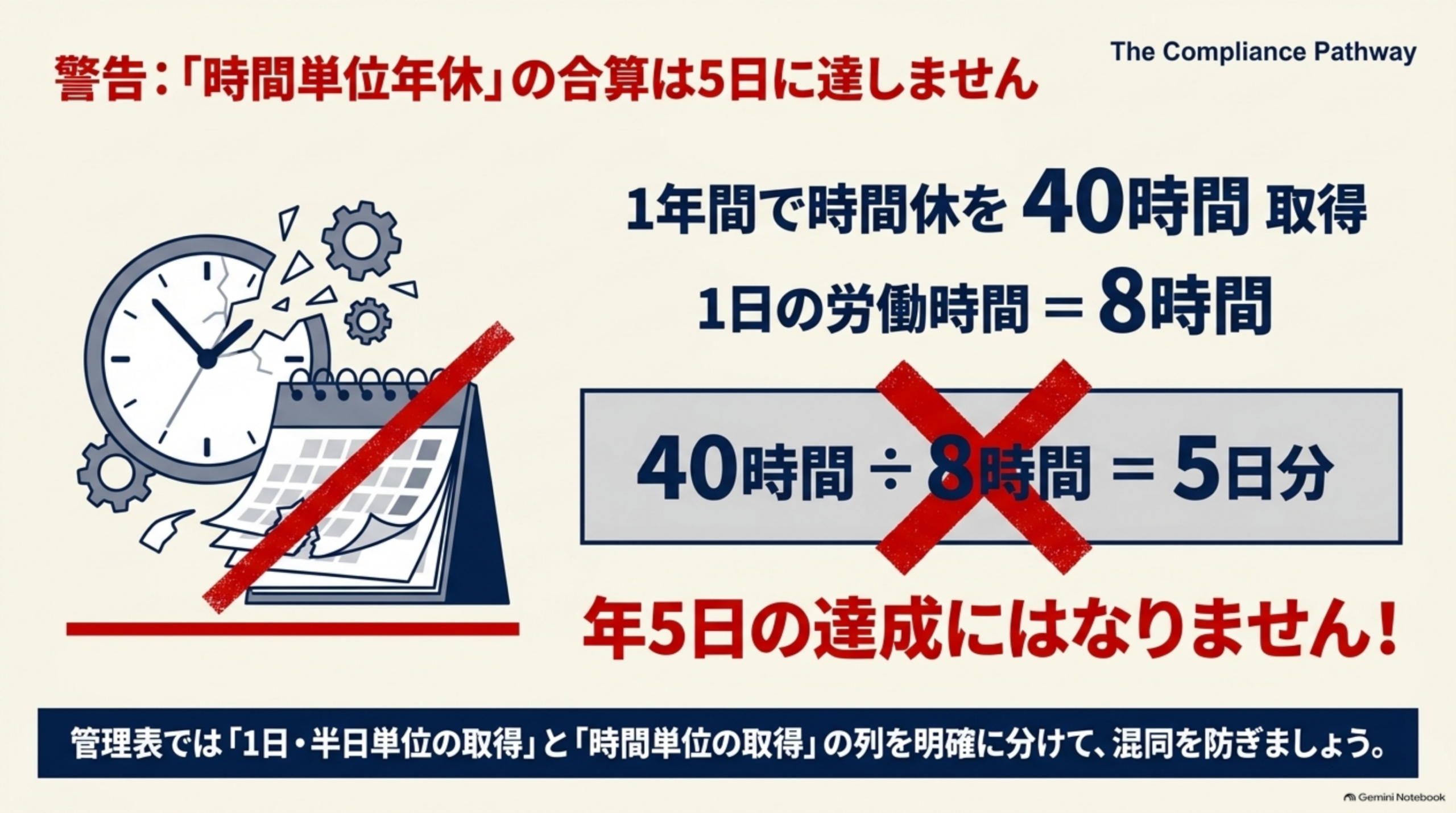 警告、「時間単位年休」の合算は5日に達しませんという図。1年間で時間休を40時間取得し、1日の労働時間が8時間の場合、40時間÷8時間＝5日分と計算しても年5日の達成にはなりません。管理表では「1日・半日単位の取得」と「時間単位の取得」の列を明確に分けて、混同を防ぎましょう