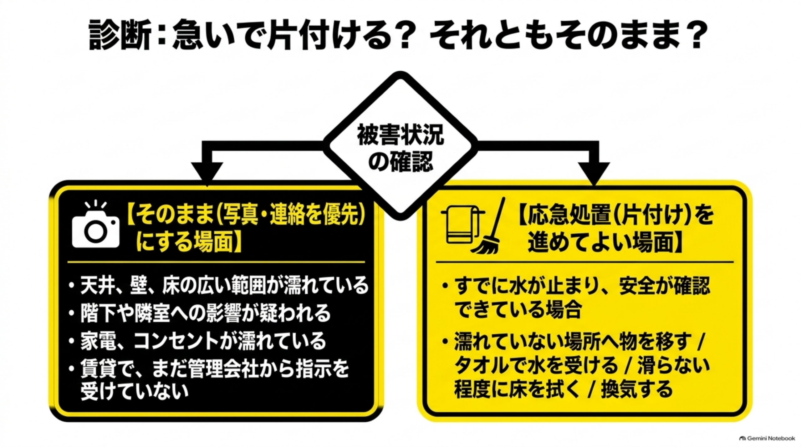 診断：急いで片付けるか、そのままにするか。写真と連絡を優先する場面と応急処置を進めてよい場面の比較図