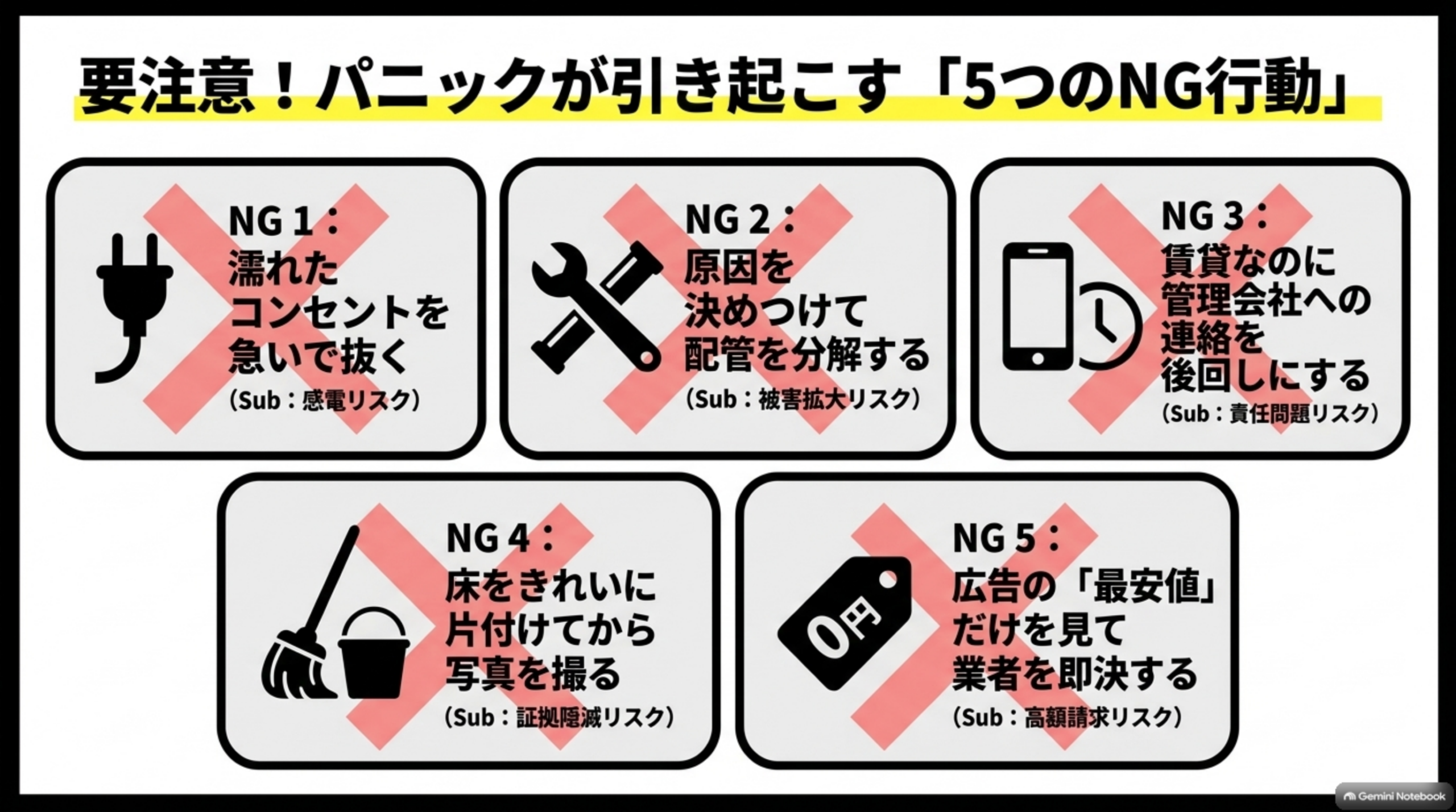 パニックが引き起こす5つのNG行動：濡れたコンセントを抜く、配管を分解する、連絡を後回しにする、片付けてから撮影する、最安値で即決する