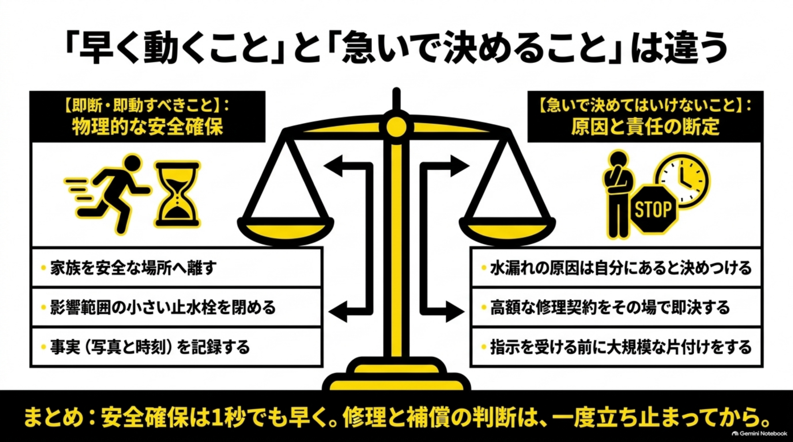 早く動くことと急いで決めることの違い：即断すべき安全確保と、急いで決めてはいけない原因や責任の断定を天秤で比較した図