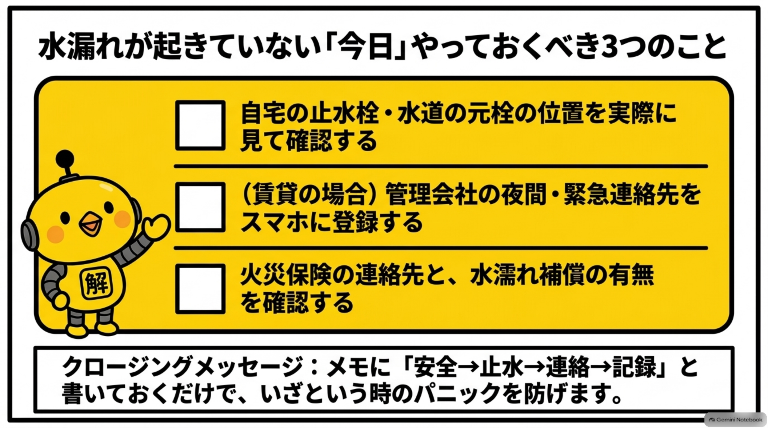 水漏れが起きていない今日やっておくべき3つのこと：止水栓の位置確認、緊急連絡先の登録、火災保険の連絡先と補償の確認