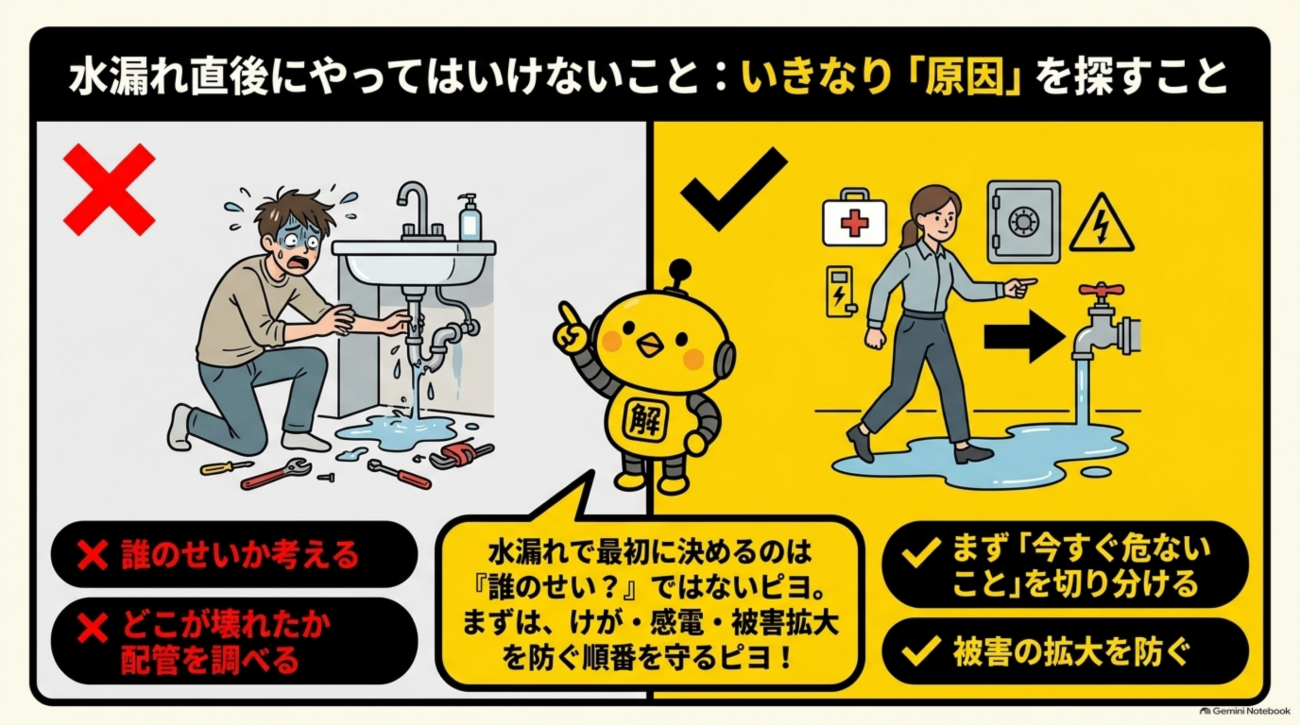 水漏れ直後にやってはいけないこと：いきなり原因を探すのではなく、今すぐ危ないことを切り分けて被害拡大を防ぐ
