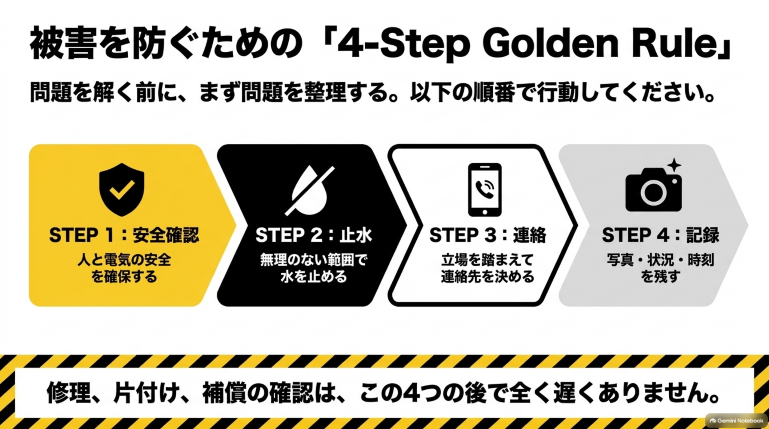 被害を防ぐための4ステップ ゴールデンルール：安全確認・止水・連絡・記録の順に行動する図