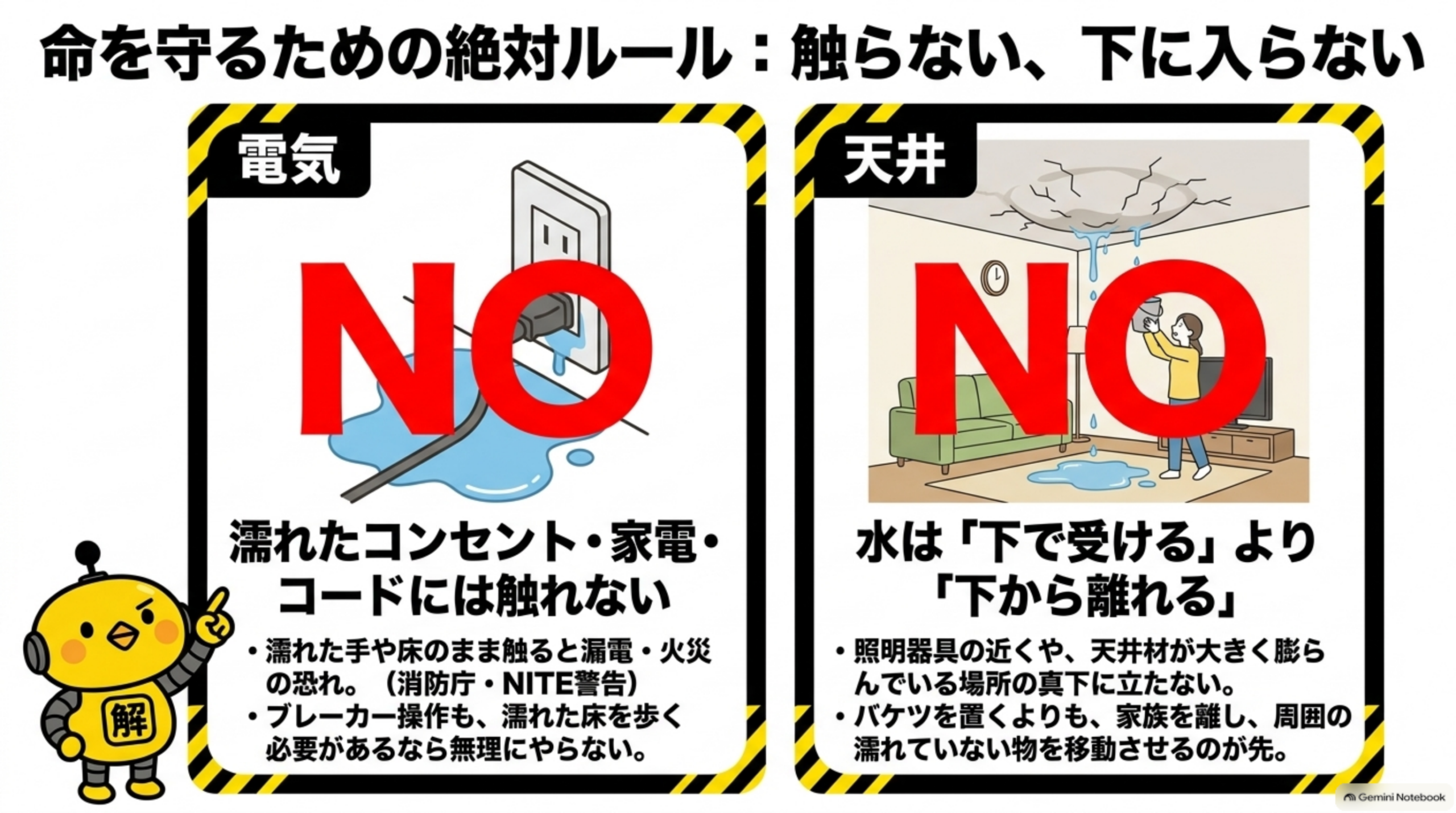 命を守るための絶対ルール：濡れたコンセント・家電・コードには触れない、天井からの水漏れは下から離れる
