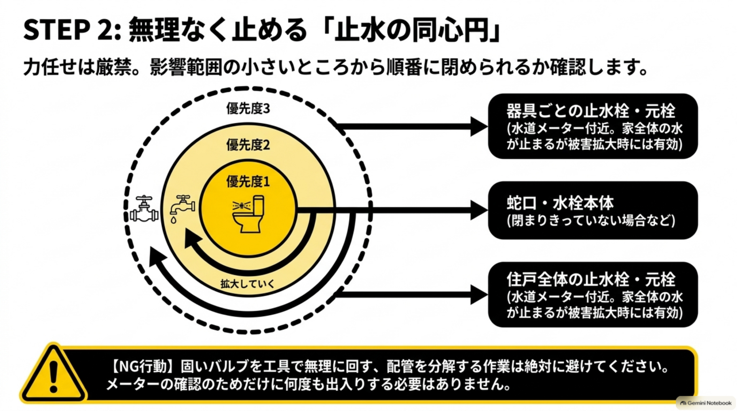 STEP2 無理なく止める止水の同心円：器具ごとの止水栓から蛇口、住戸全体の元栓へと範囲を広げる図