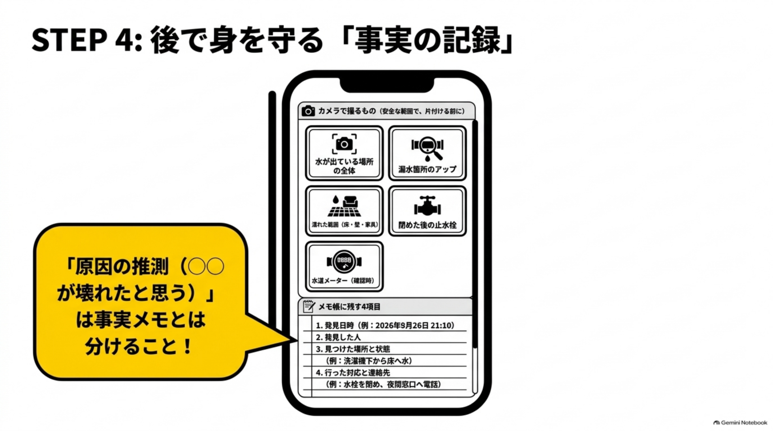 STEP4 後で身を守る事実の記録：カメラで撮るものとメモ帳に残す4項目、原因の推測は事実メモと分けることを示す図