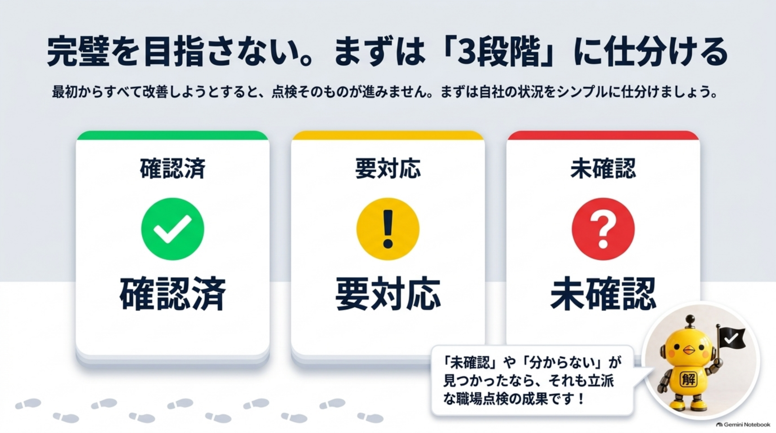 完璧を目指さない。まずは「3段階」に仕分ける。確認済、要対応、未確認の3つのカードで自社の状況をシンプルに仕分ける。「未確認」や「分からない」が見つかったなら、それも立派な職場点検の成果です