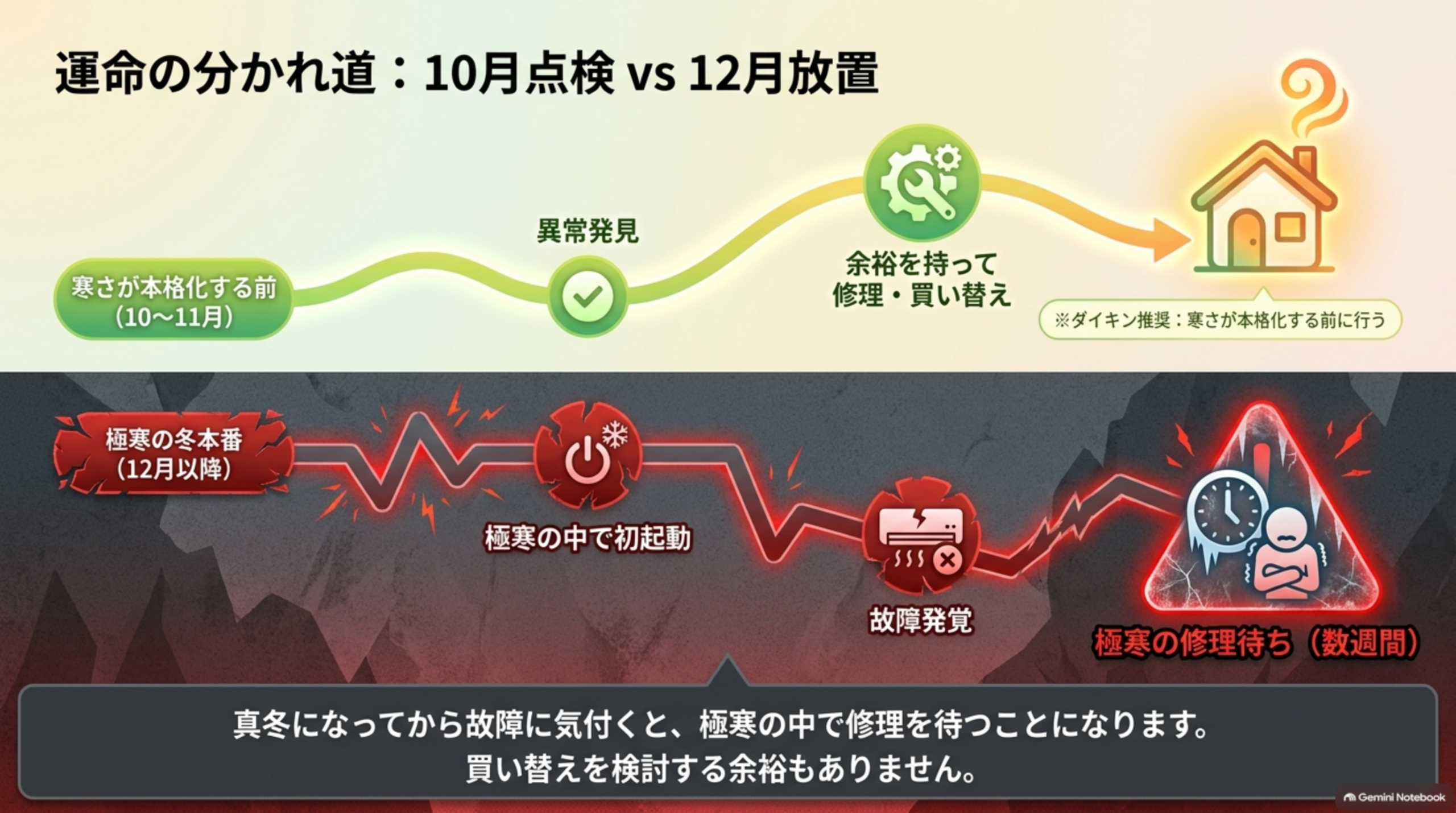 10月に点検する場合と12月まで放置する場合の違い。寒さが本格化する前（10〜11月）に試運転すれば、異常を見つけても余裕を持って修理・買い替えができる。真冬になってから初めて動かして故障に気付くと、寒い中で修理を待つことになり、買い替えを検討する余裕もない