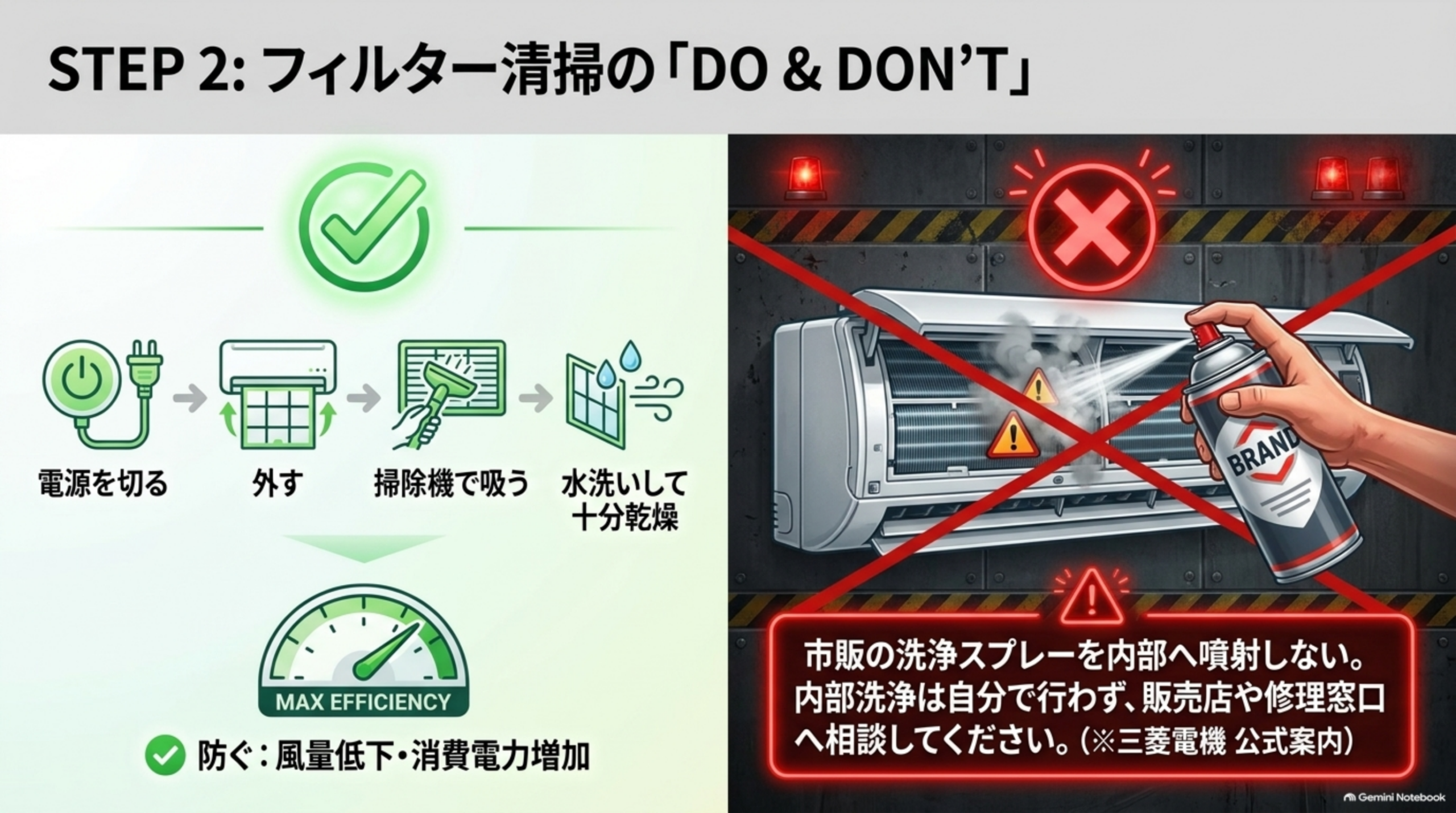 STEP2 フィルター清掃でやること・やらないこと。やること：電源を切る、フィルターを外す、掃除機で吸う、水洗いして十分乾燥させる。風量低下と消費電力の増加を防ぐ。やらないこと：市販の洗浄スプレーを内部へ噴射しない。内部洗浄は自分で行わず販売店や修理窓口へ相談する