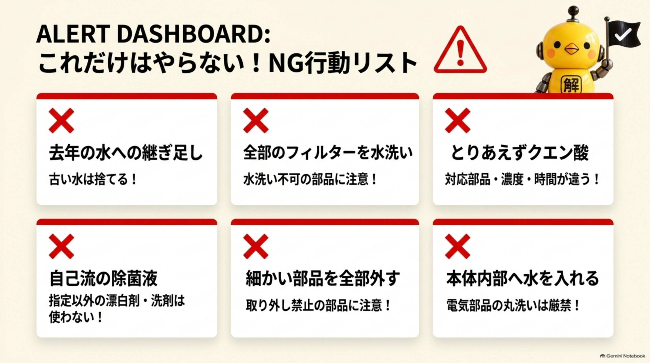 やらないことのリスト。去年の水への継ぎ足し（古い水は捨てる）、全部のフィルターを水洗い（水洗い不可の部品に注意）、とりあえずクエン酸（対応部品・濃度・時間が違う）、自己流の除菌液（指定以外の漂白剤・洗剤は使わない）、細かい部品を全部外す（取り外し禁止の部品に注意）、本体内部へ水を入れる（電気部品の丸洗いはしない）