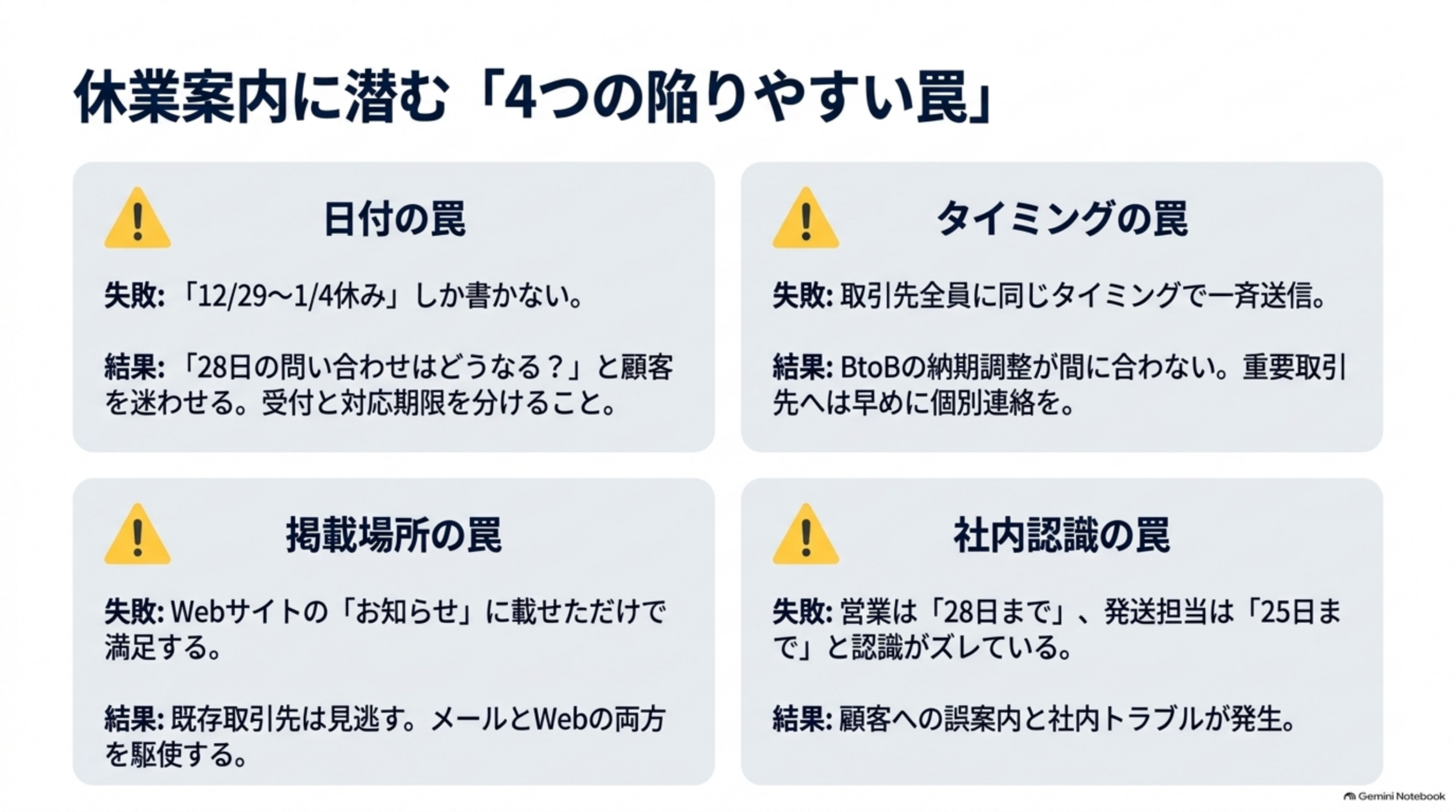 休業案内に潜む4つの陥りやすい罠