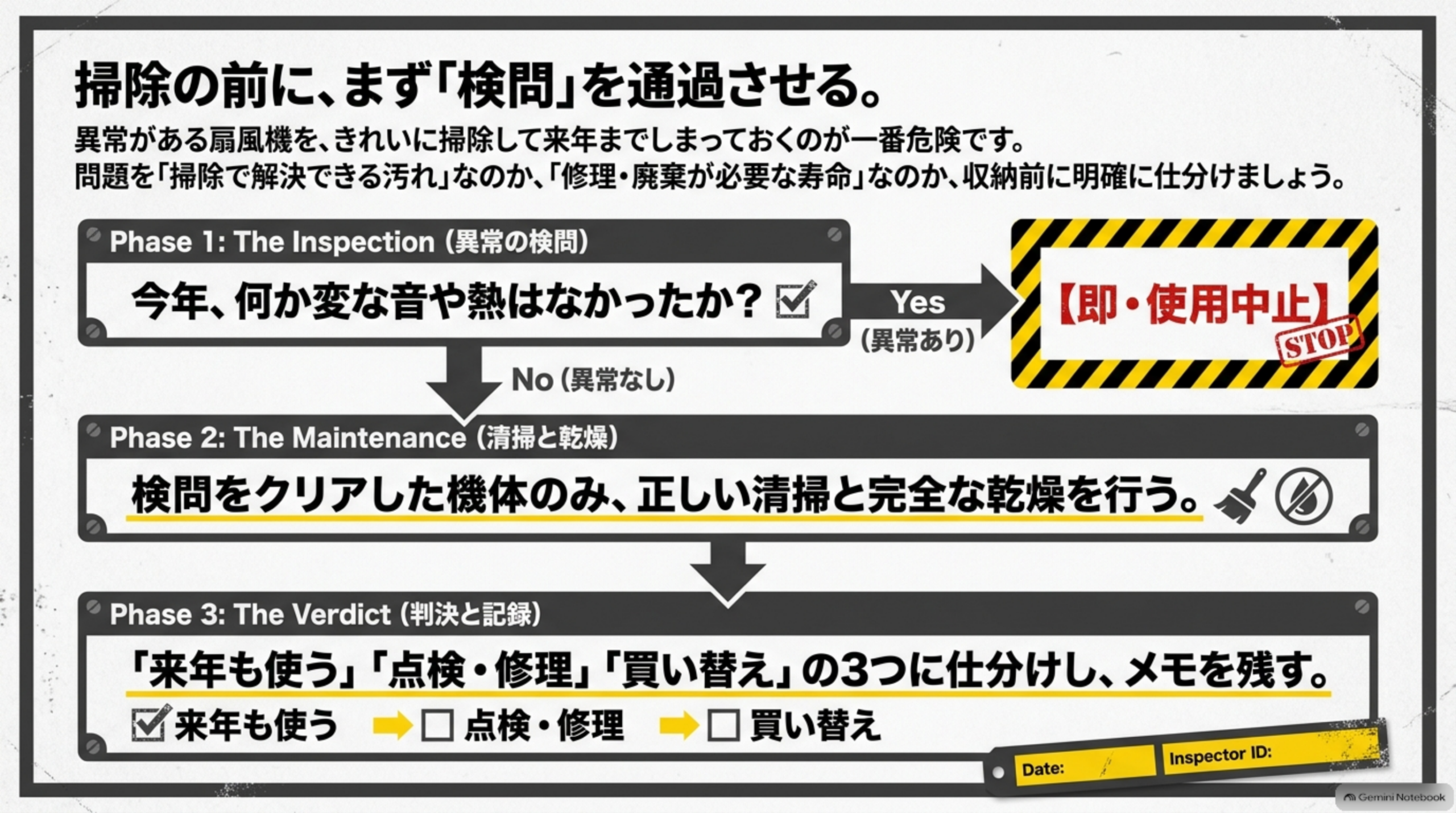 掃除の前にまず検問を通過させる 異常確認 清掃と乾燥 3つに仕分け