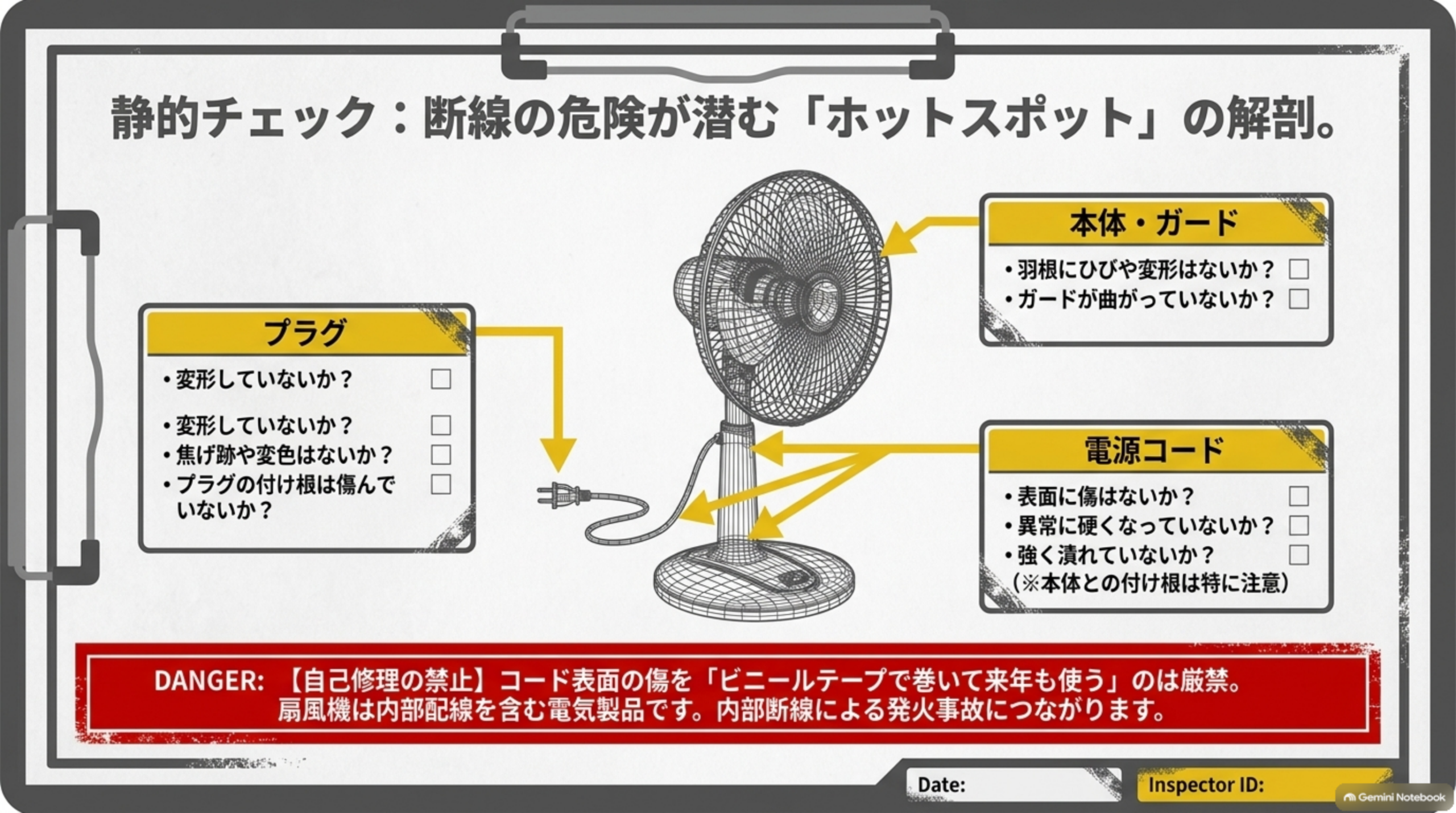 静的チェック プラグ 電源コード 本体ガードの断線ホットスポット