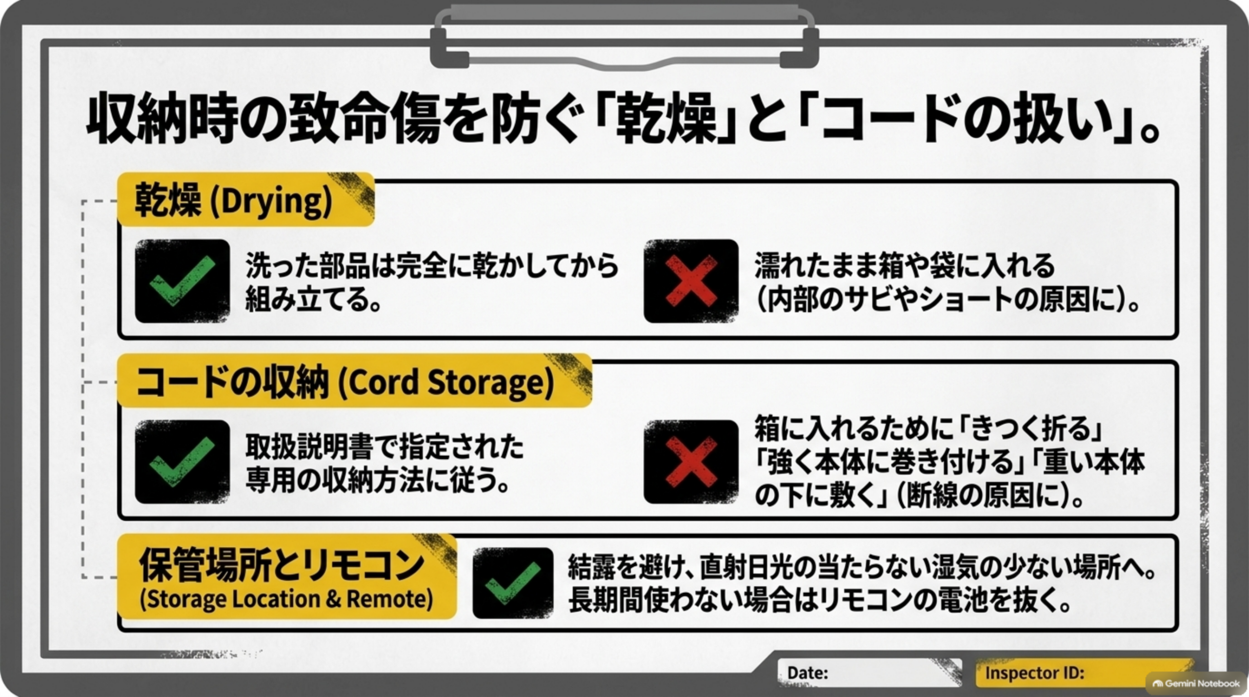収納時の致命傷を防ぐ乾燥とコードの扱い 保管場所とリモコン