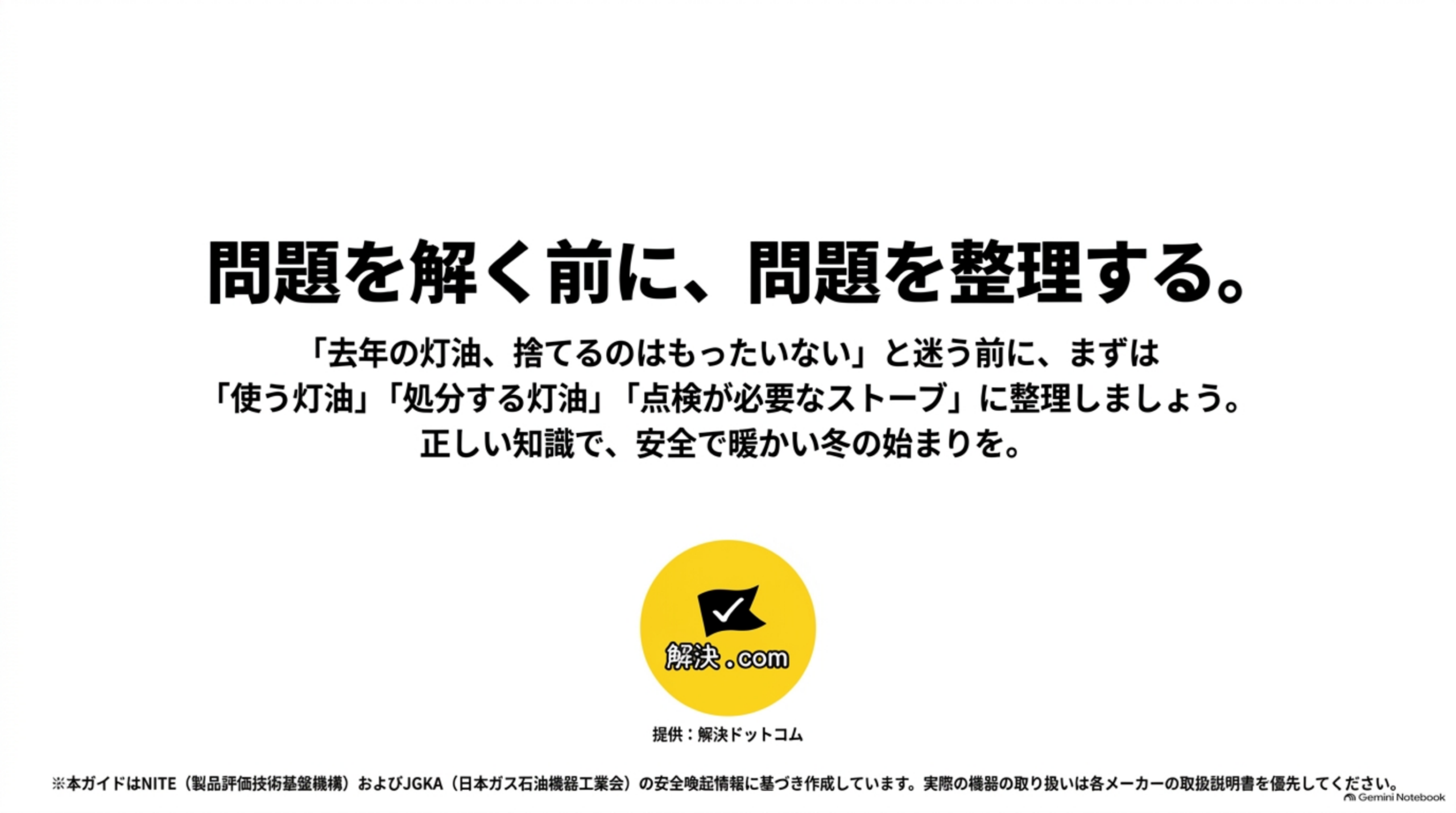 問題を解く前に問題を整理する 使う灯油 処分する灯油 点検が必要なストーブ