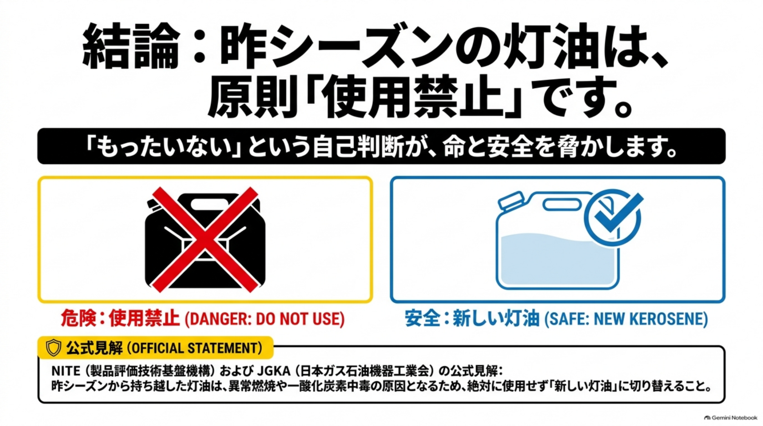 結論 昨シーズンの灯油は原則使用禁止