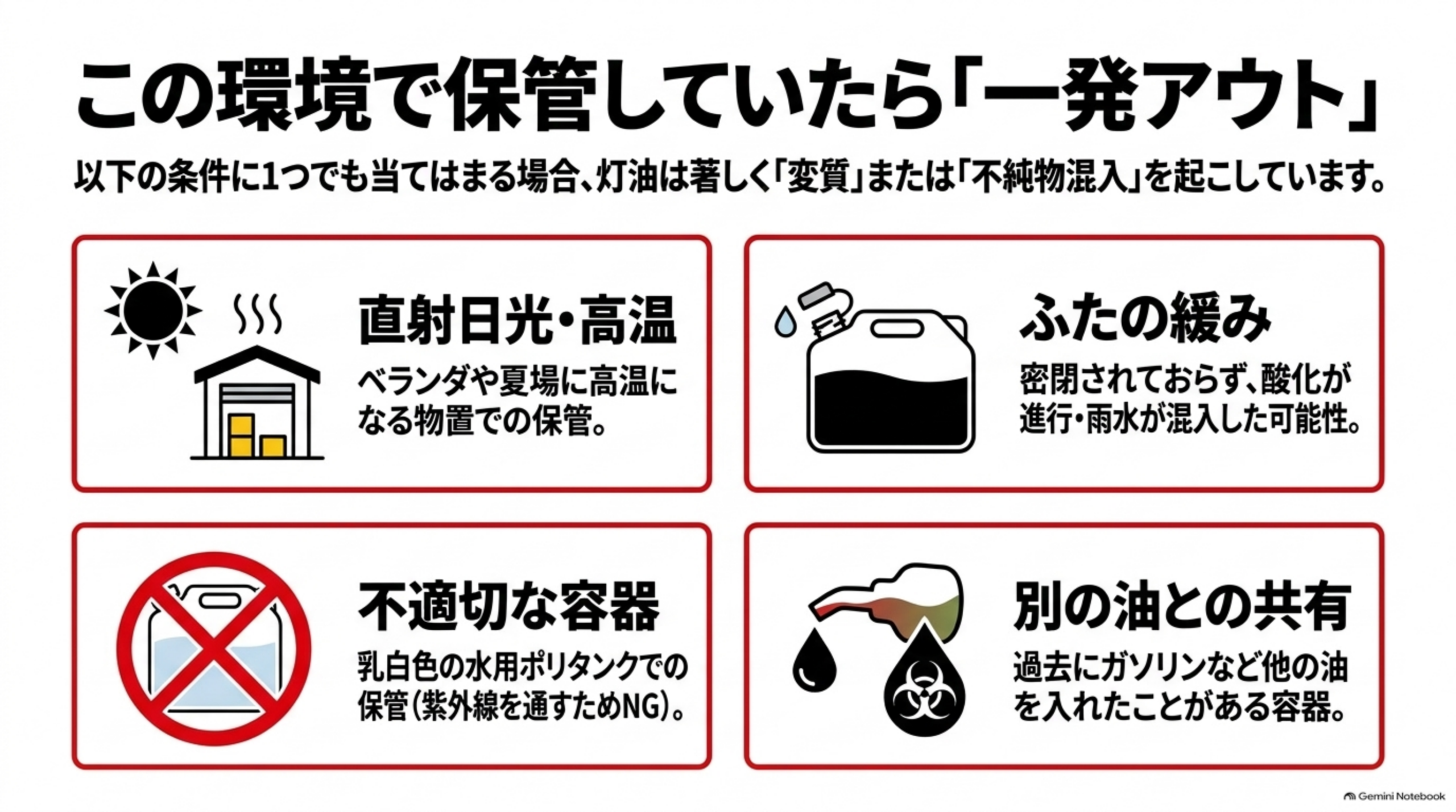 この環境で保管していたら一発アウト 直射日光 ふたの緩み 不適切な容器 別の油との共有