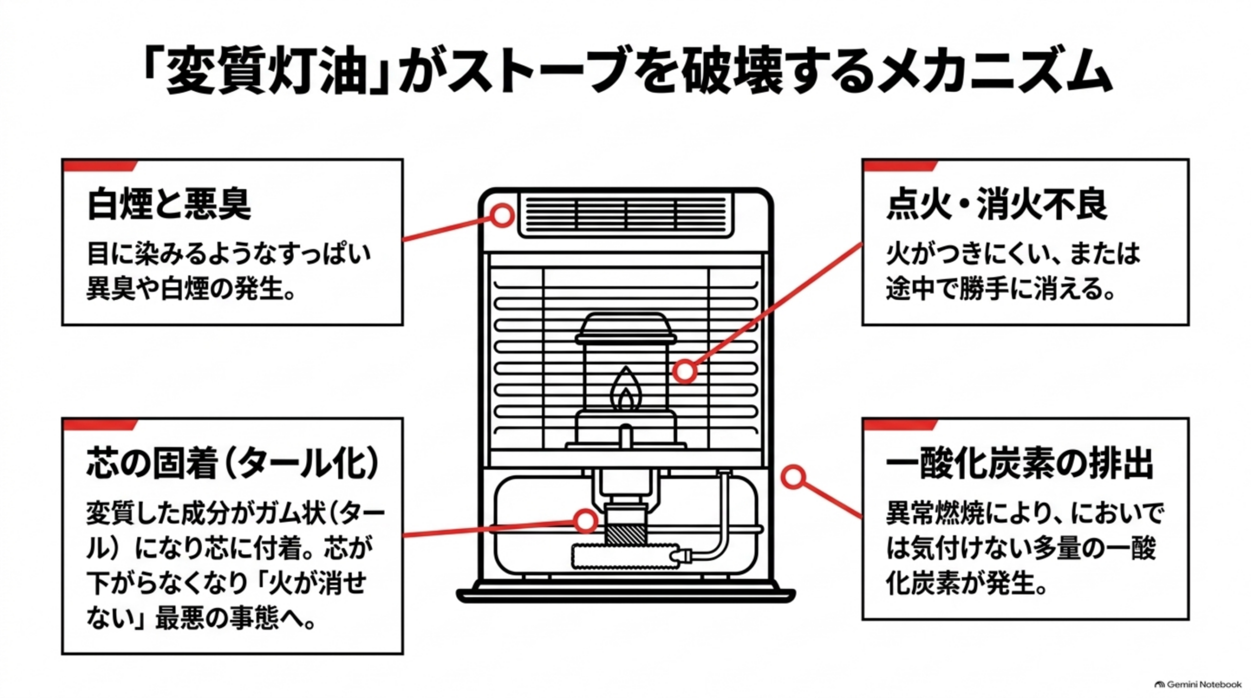 変質灯油がストーブを破壊するメカニズム