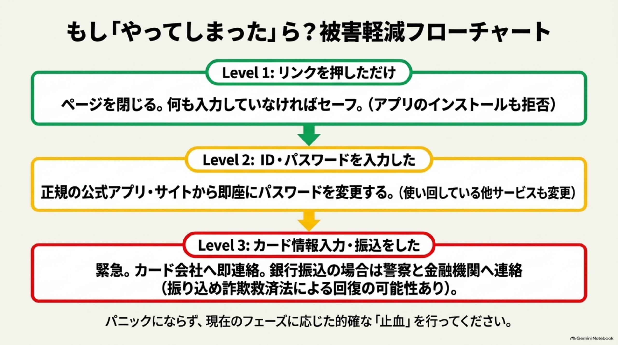 操作してしまった場合の段階別対応。Level1 リンクを押しただけ：ページを閉じる。何も入力していなければ、その後はそのSMSから操作しない（アプリのインストールもしない）。Level2 ID・パスワードを入力した：正規の公式アプリ・サイトからすぐにパスワードを変更する（使い回している他サービスも変更）。Level3 カード情報入力・振込をした：カード会社へ連絡。銀行振込の場合は警察と金融機関へ連絡（振り込め詐欺救済法による回復の可能性あり）