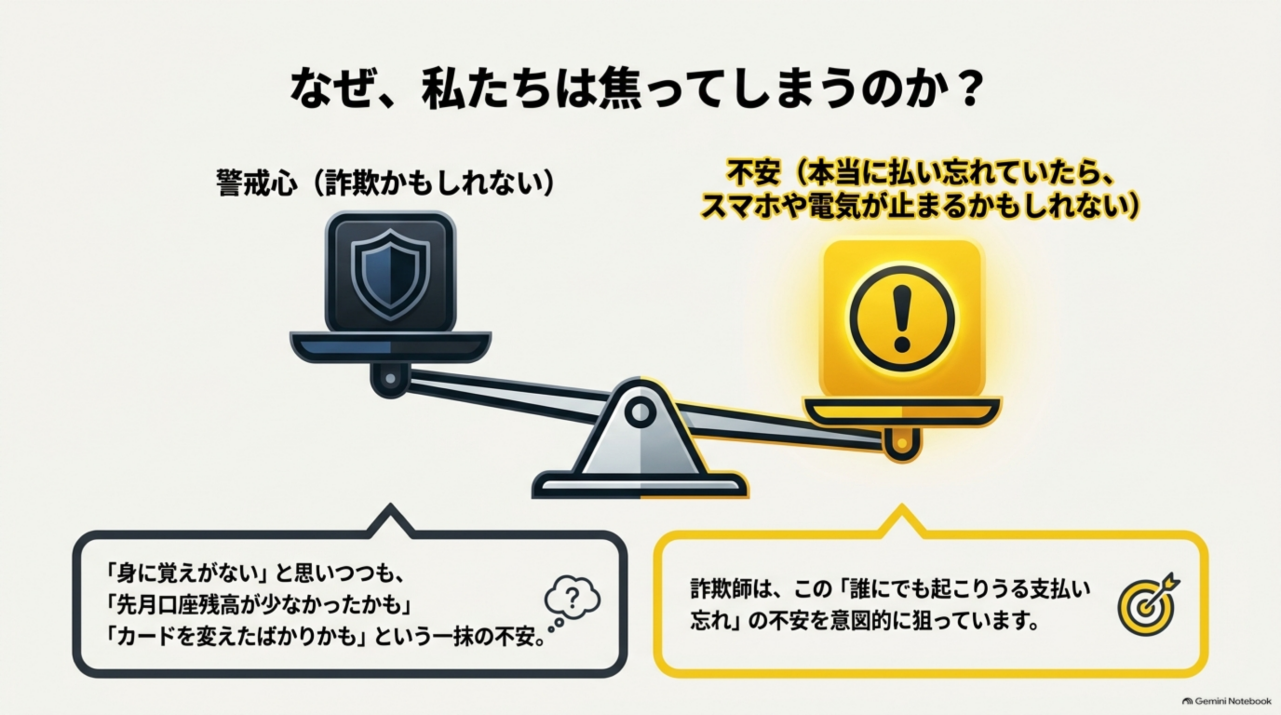 なぜ焦ってしまうのか。警戒心（詐欺かもしれない）と、不安（本当に払い忘れていたら、スマホや電気が止まるかもしれない）の間で揺れる。「身に覚えがない」と思いつつも「先月口座残高が少なかったかも」「カードを変えたばかりかも」という不安がある。誰にでも起こりうる支払い忘れの不安が狙われる