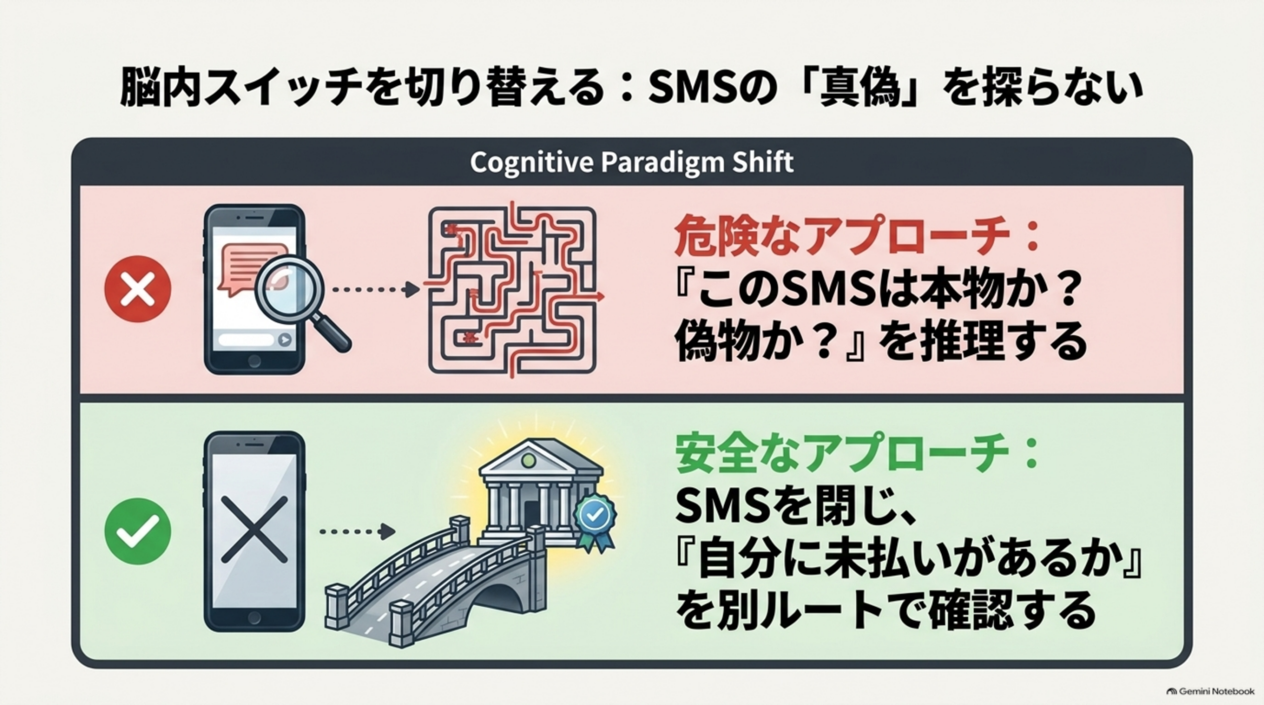 SMSの真偽を探らない。危険なアプローチは「このSMSは本物か偽物か」を推理すること。安全なアプローチは、SMSを閉じ「自分に未払いがあるか」を別ルートで確認すること