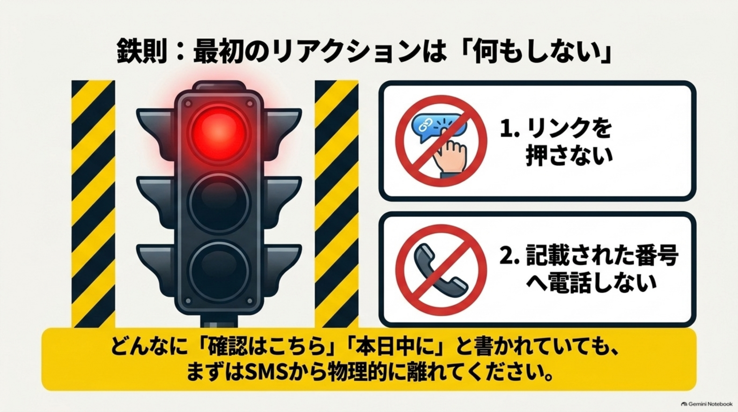 最初のリアクションは「何もしない」。1リンクを押さない、2記載された番号へ電話しない。どんなに「確認はこちら」「本日中に」と書かれていても、まずはSMSから離れる