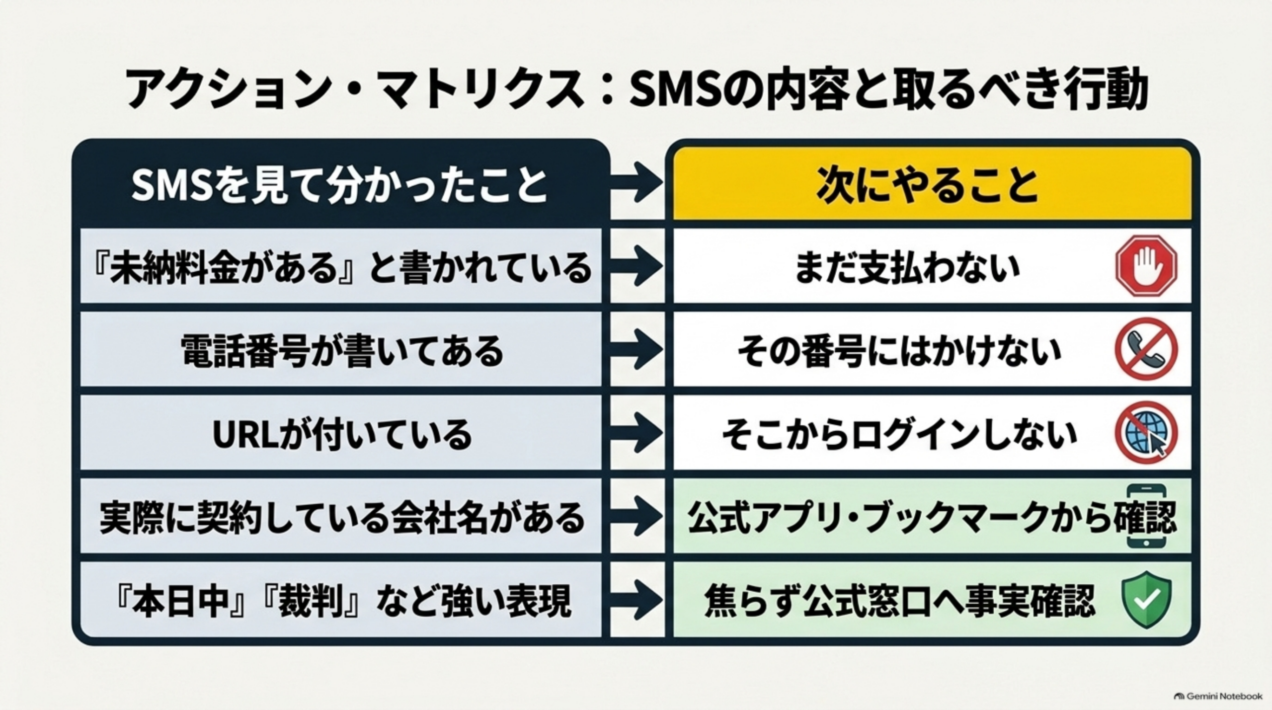 SMSの内容と取るべき行動。「未納料金がある」と書かれている→まだ支払わない。電話番号が書いてある→その番号にはかけない。URLが付いている→そこからログインしない。実際に契約している会社名がある→公式アプリ・ブックマークから確認。「本日中」「裁判」など強い表現→焦らず公式窓口へ事実確認