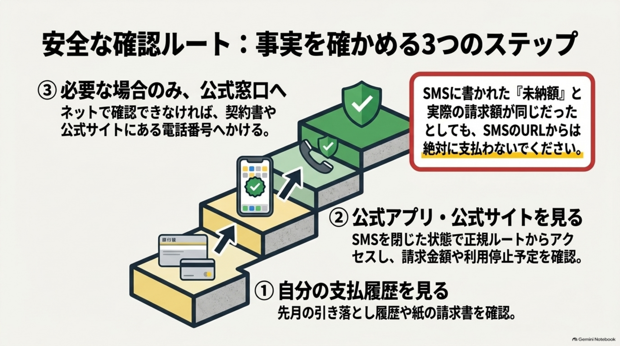 事実を確かめる3つのステップ。1自分の支払履歴を見る（先月の引き落とし履歴や紙の請求書を確認）、2公式アプリ・公式サイトを見る（SMSを閉じた状態で正規ルートからアクセスし、請求金額や利用停止予定を確認）、3必要な場合のみ公式窓口へ（ネットで確認できなければ、契約書や公式サイトにある電話番号へかける）。SMSに書かれた未納額と実際の請求額が同じだったとしても、SMSのURLからは支払わない