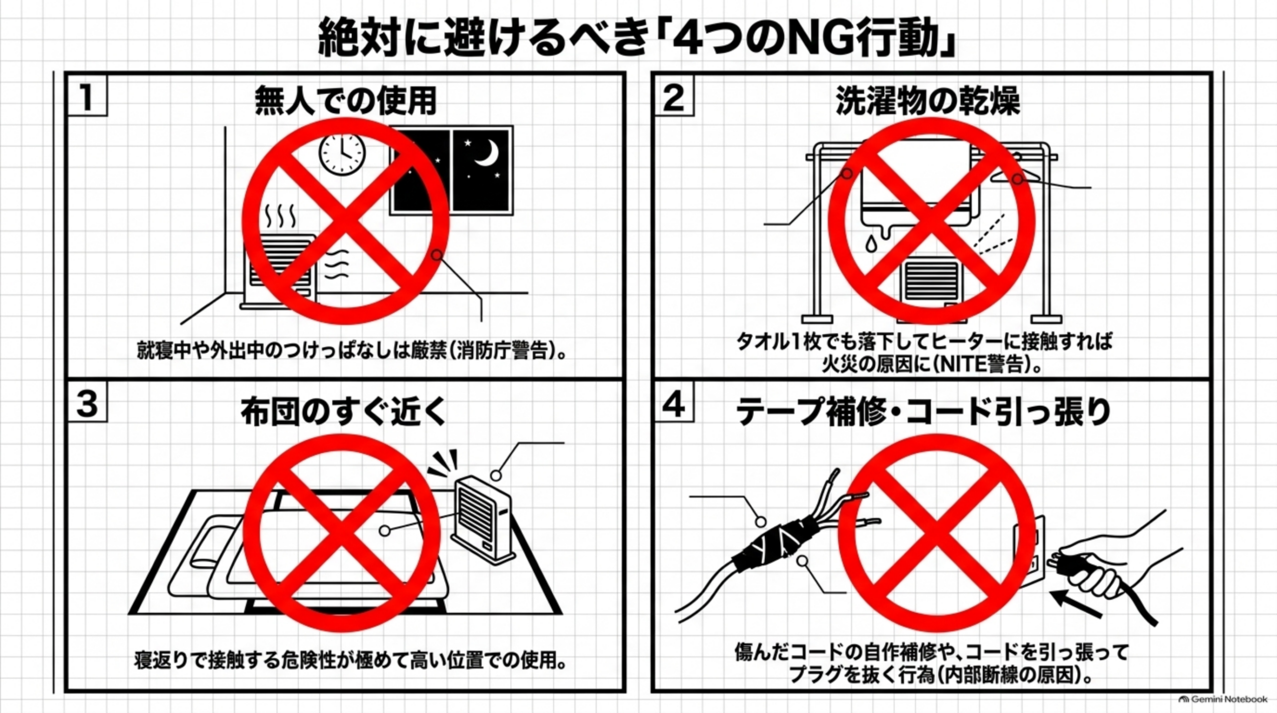 人がそばにいる時間に短時間の試運転で異臭や発熱を確認する